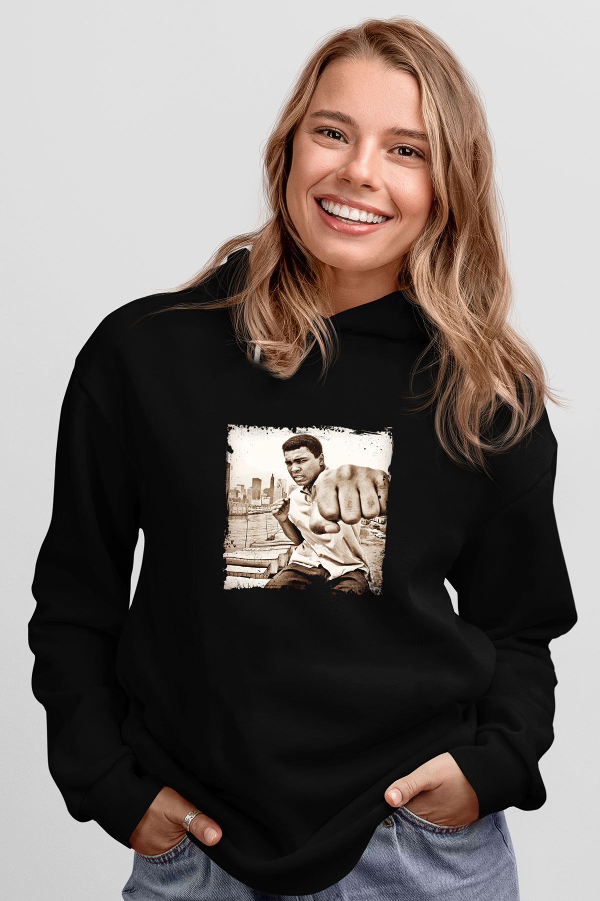 Muhammed Ali Baskılı Unisex Siyah Hoodie