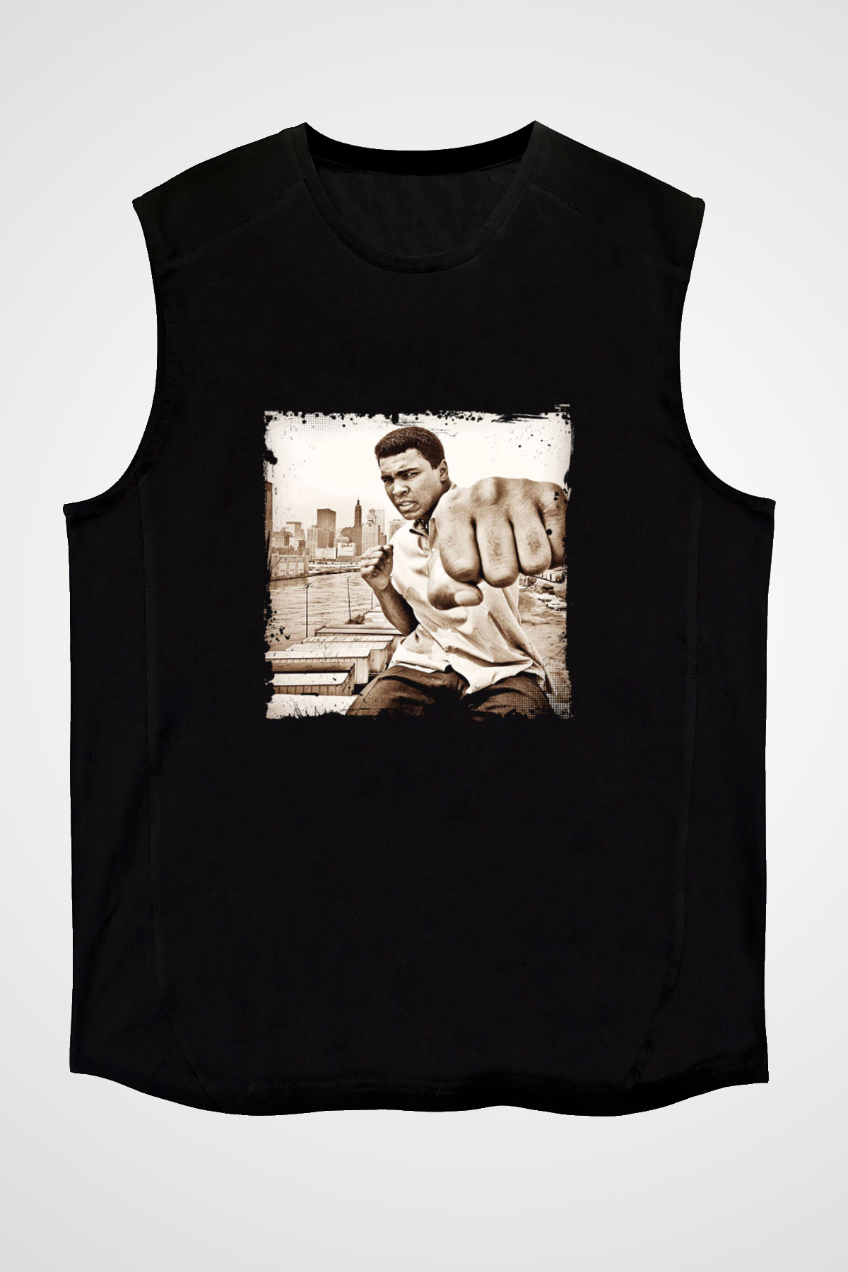 Muhammed Ali Baskılı Unisex Siyah Kolsuz Tişört