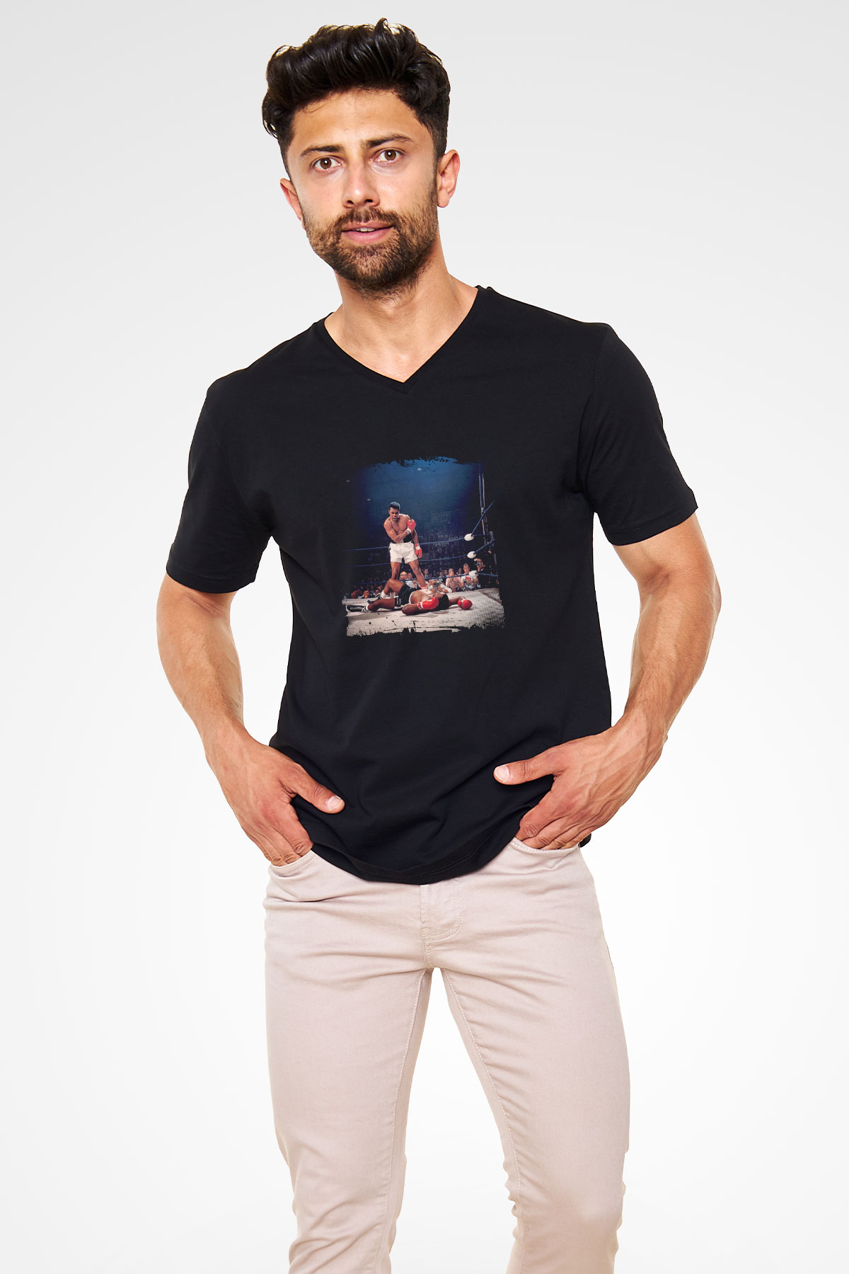 Muhammed Ali Baskılı Unisex Siyah V Yaka Tişört