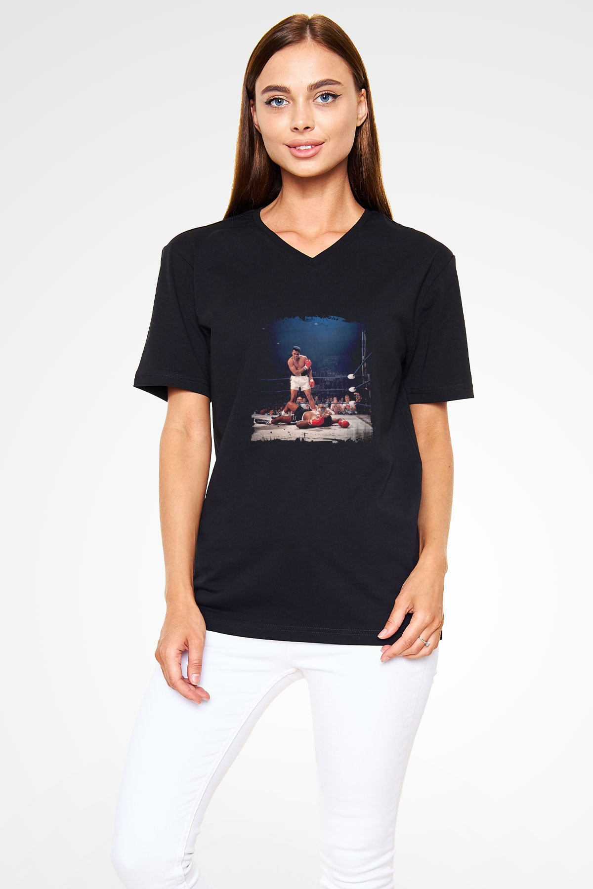 Muhammed Ali Baskılı Unisex Siyah V Yaka Tişört
