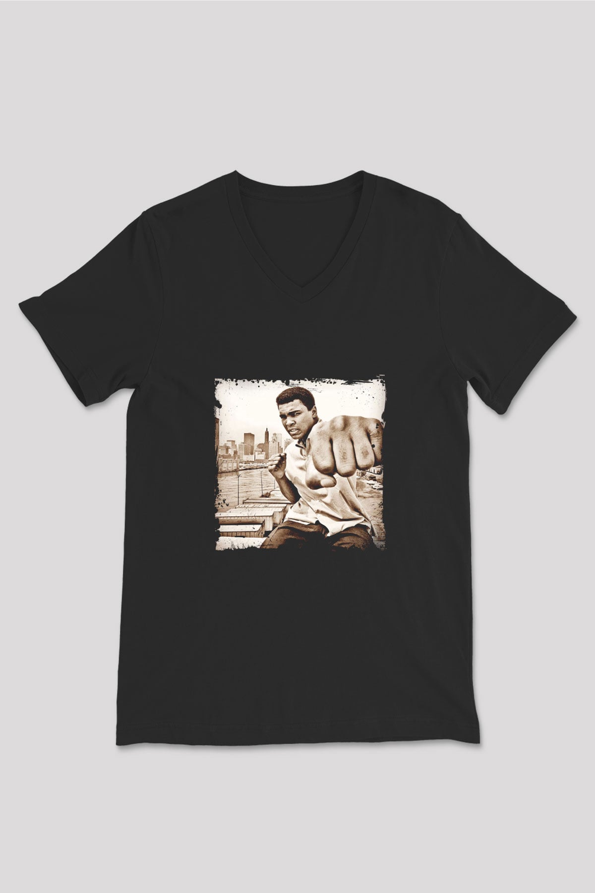 Muhammed Ali Baskılı Unisex Siyah V Yaka Tişört
