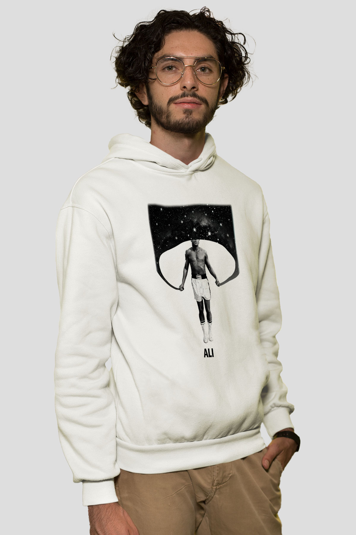 Muhammed Ali Beyaz Unisex Kapşonlu Sweatshirt