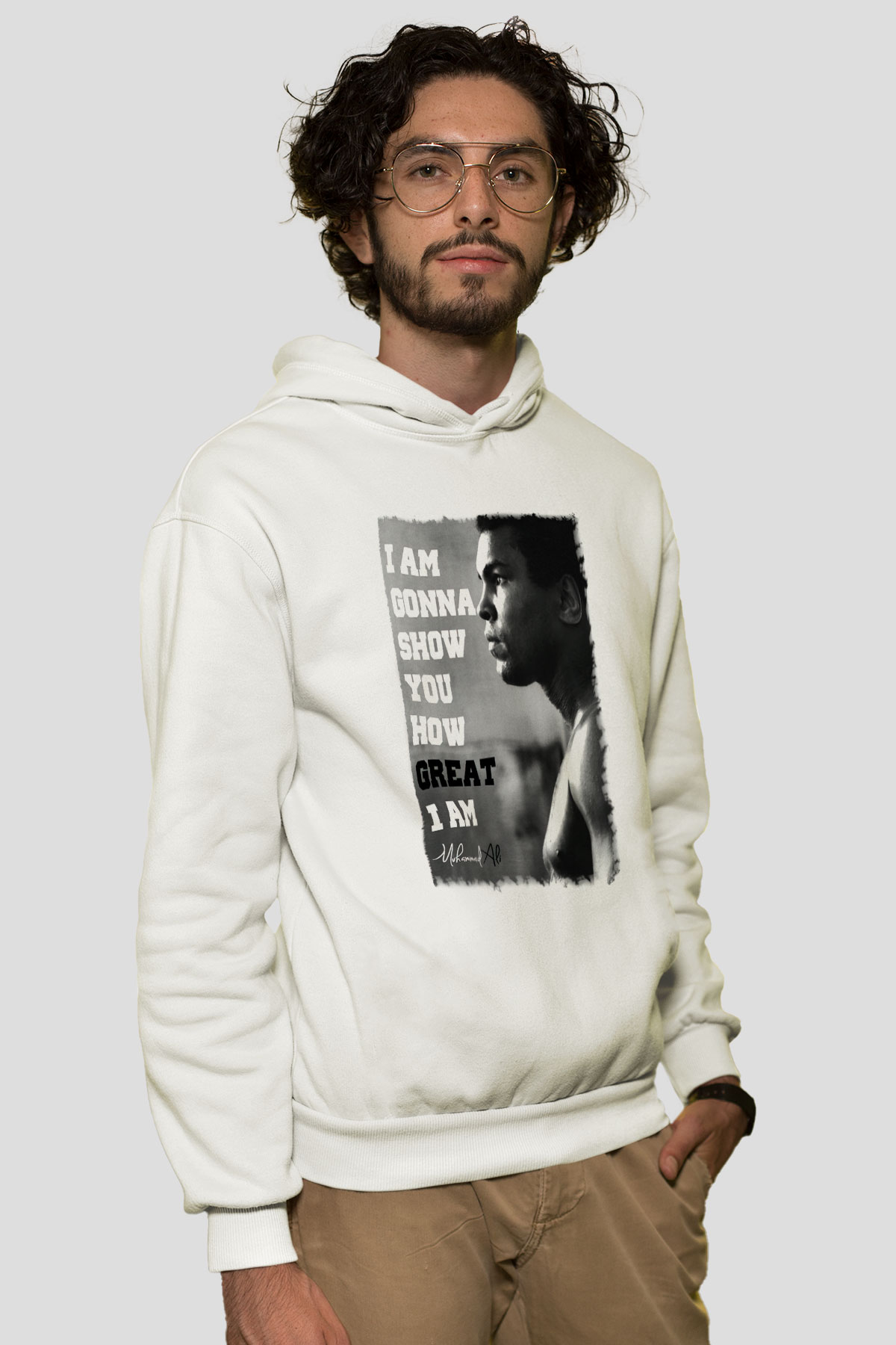 Muhammed Ali Beyaz Unisex Kapşonlu Sweatshirt
