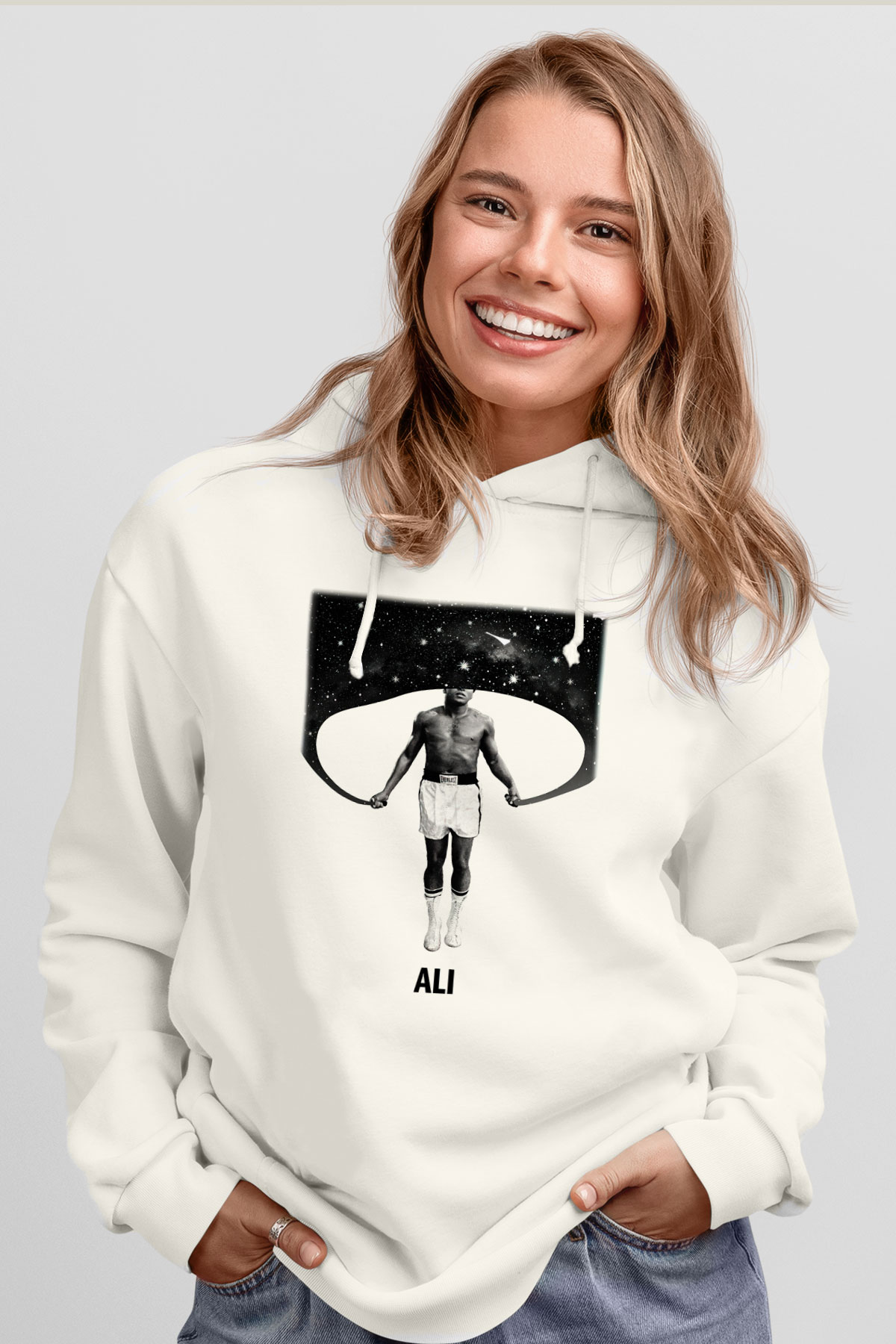 Muhammed Ali Beyaz Unisex Kapşonlu Sweatshirt