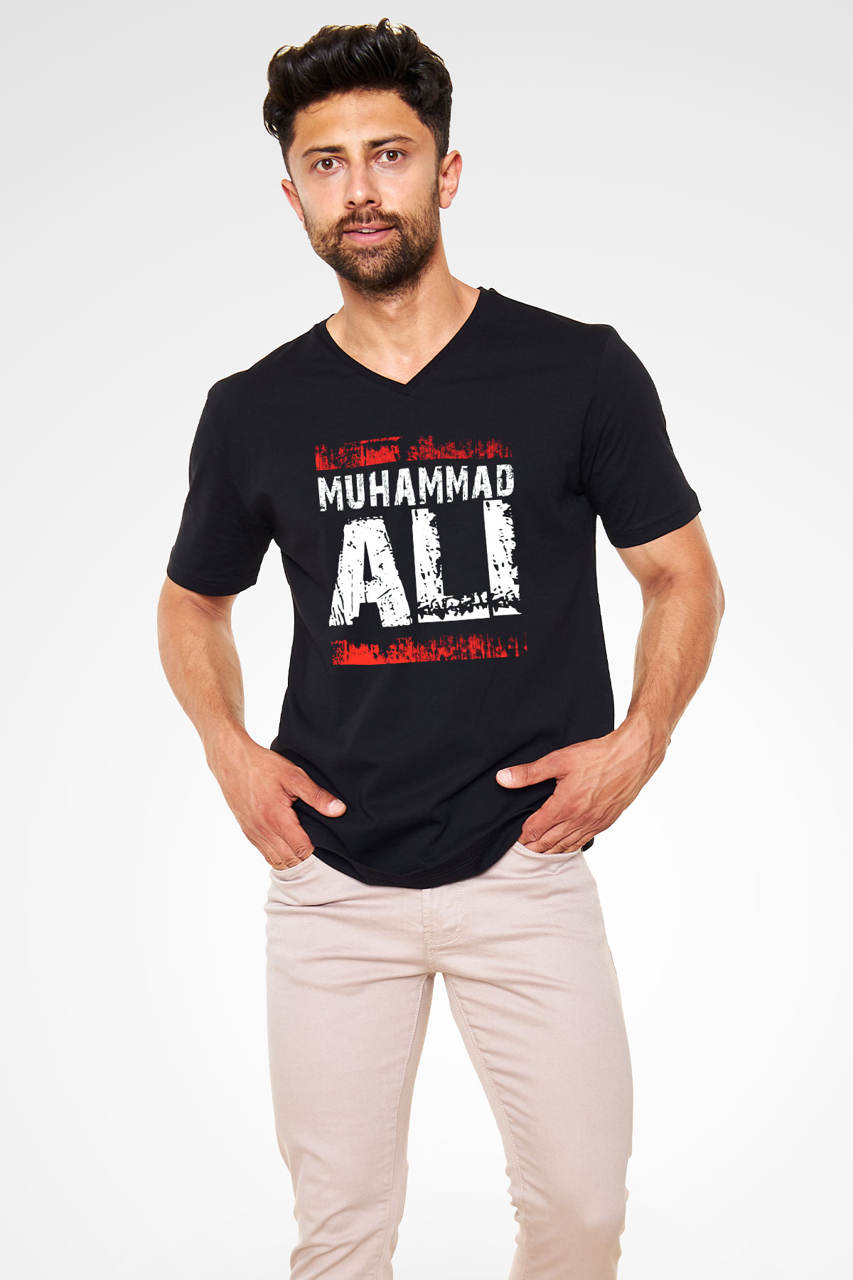 Muhammed Ali Siyah Unisex V Yaka Tişört T-Shirt