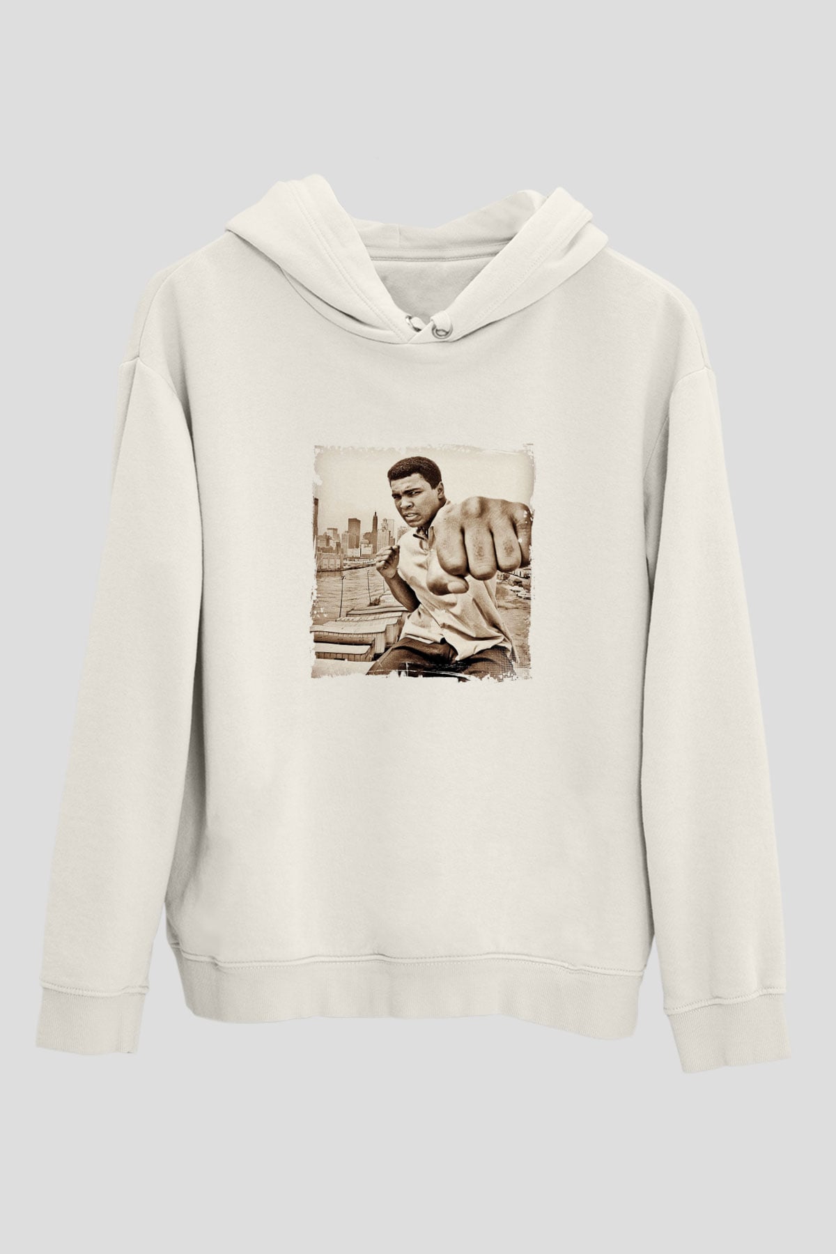 Muhammed Ali Unisex Baskılı Beyaz Kapüşonlu Sweatshirt