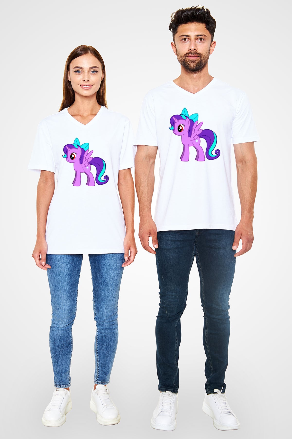 My Little Pony Beyaz Unisex V Yaka Tişört