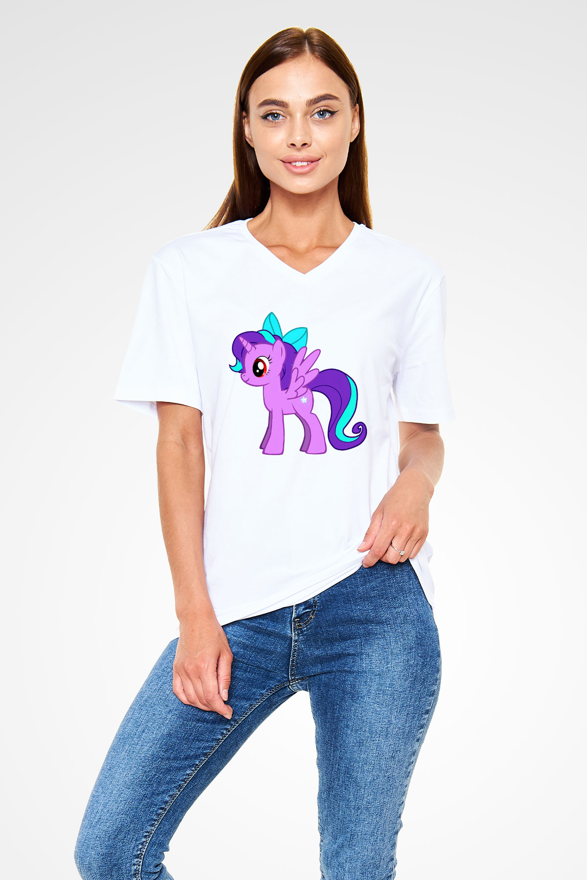 My Little Pony Beyaz Unisex V Yaka Tişört
