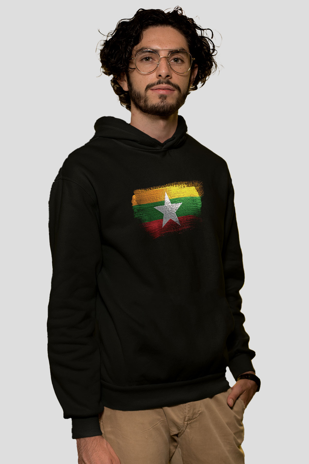 Myanmar Bayrağı Baskılı Unisex Siyah Kapüşonlu Sweatshirt