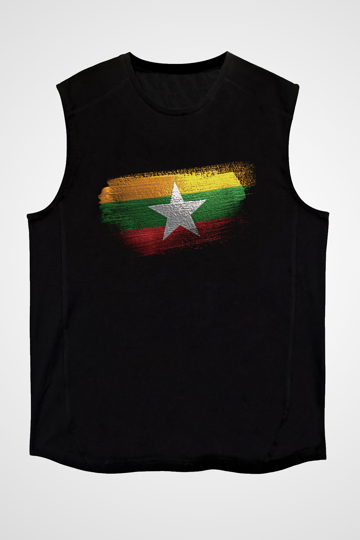 Myanmar Bayrağı Baskılı Unisex Siyah Kolsuz Tişört
