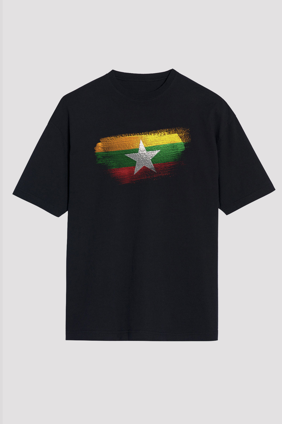 Myanmar Bayrağı Baskılı Unisex Siyah Oversize Tişört