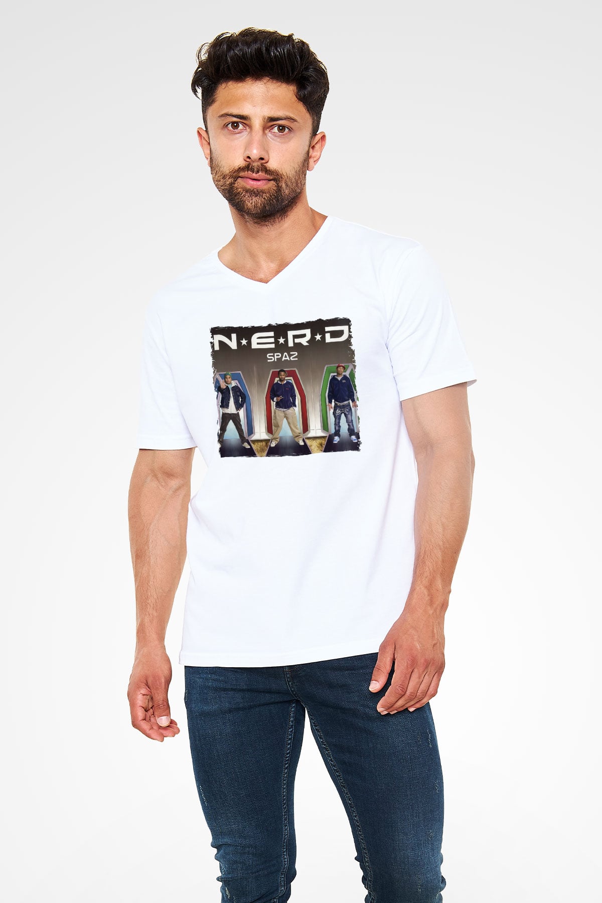 N.E.R.D Beyaz Unisex V Yaka Tişört