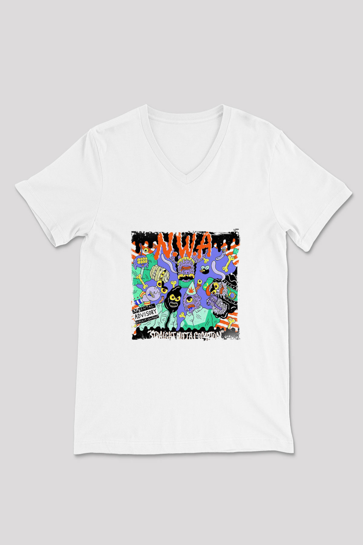 N.W.A Baskılı Beyaz V Yaka Unisex Tişört
