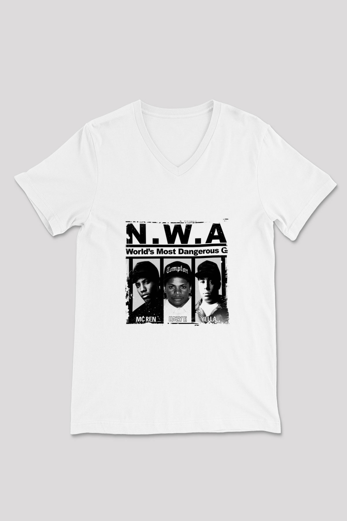 N.W.A Baskılı Beyaz V Yaka Unisex Tişört