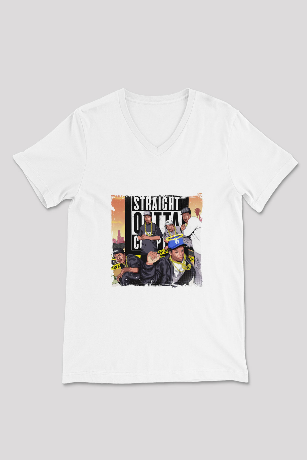 N.W.A Baskılı Beyaz V Yaka Unisex Tişört