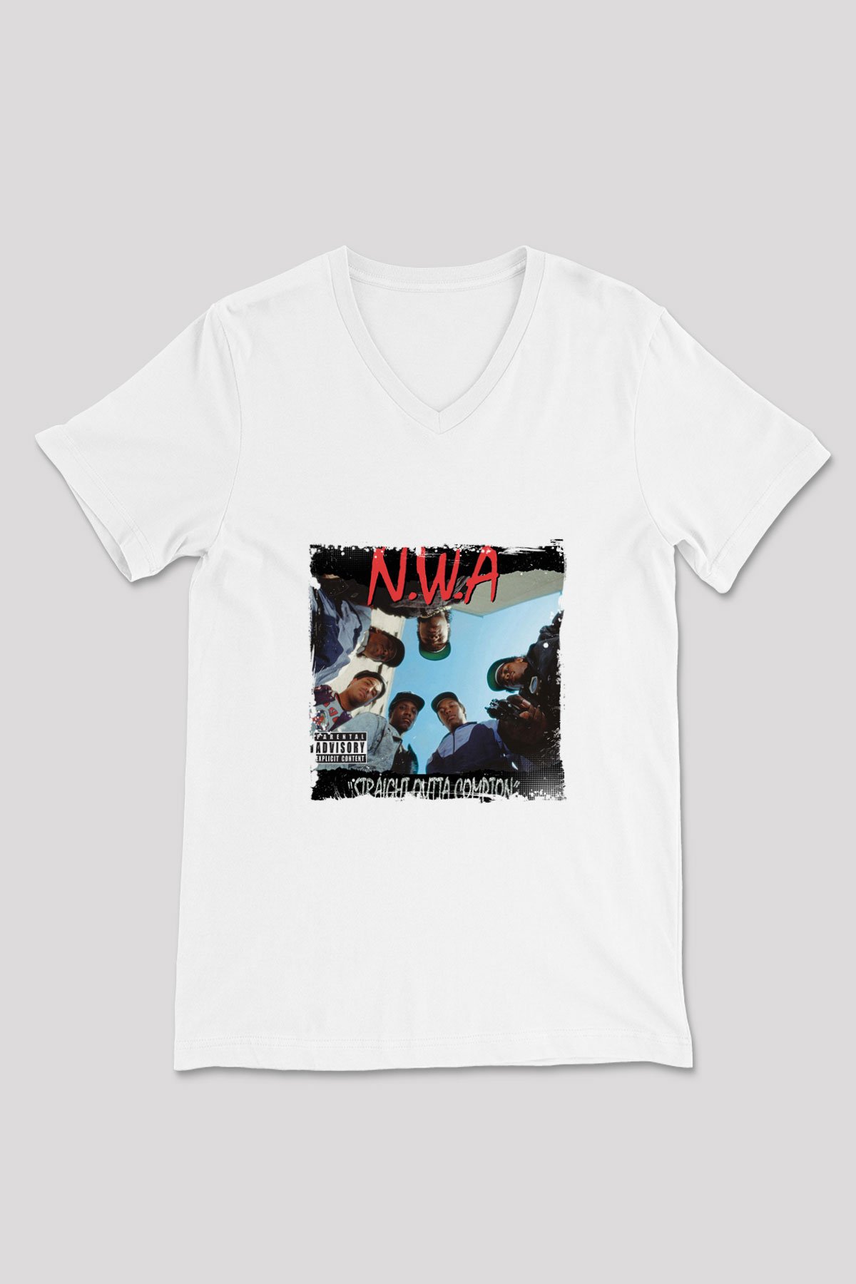 N.W.A Baskılı Beyaz V Yaka Unisex Tişört