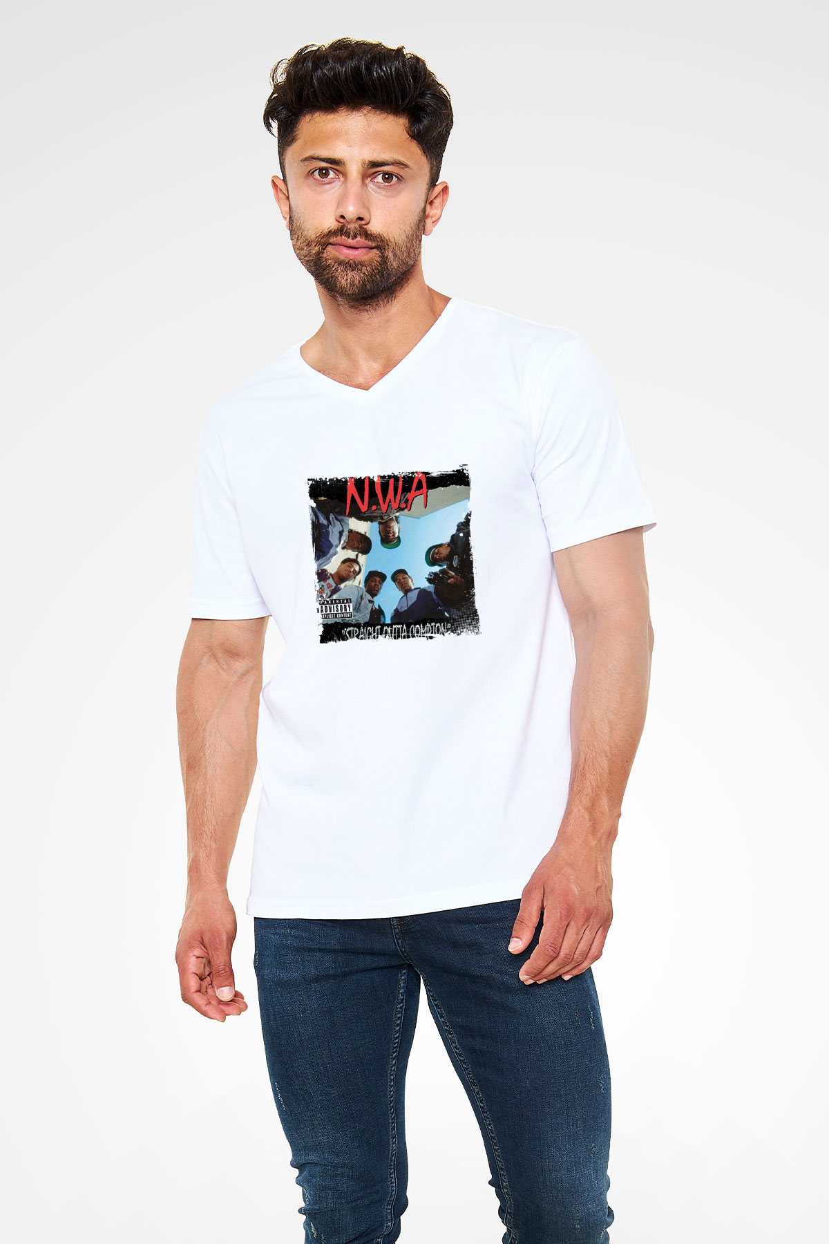 N.W.A Baskılı Beyaz V Yaka Unisex Tişört