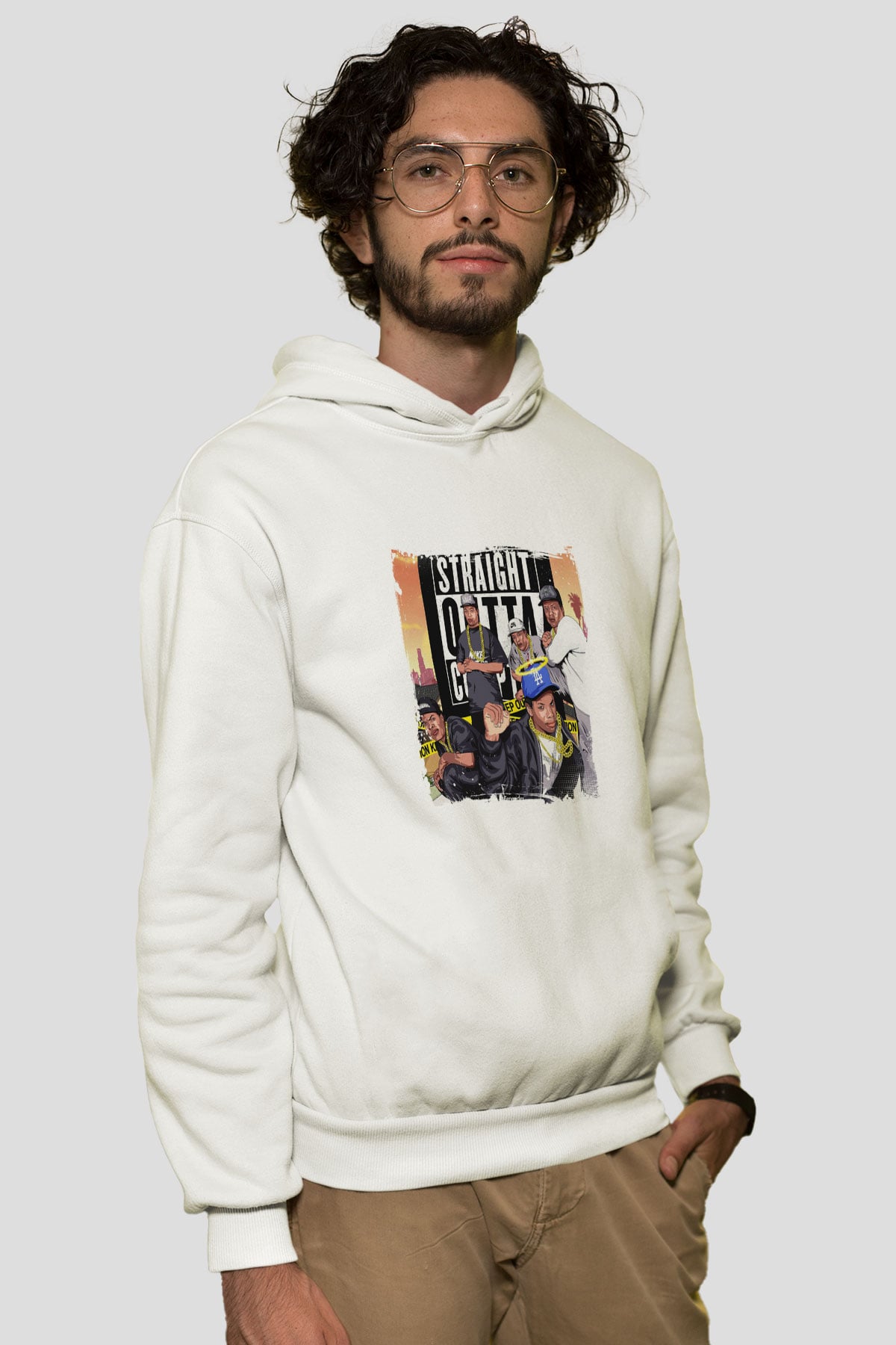 N.W.A Baskılı Unisex Beyaz Kapüşonlu Sweatshirt