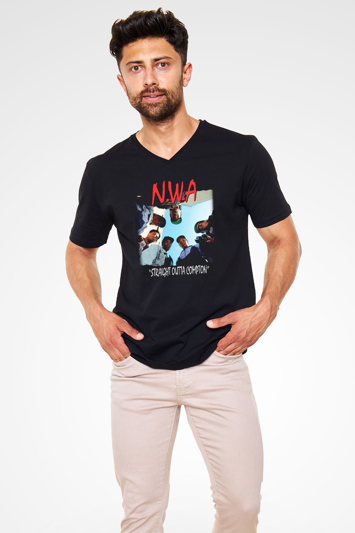 N.W.A Siyah Unisex V Yaka Tişört T-Shirt