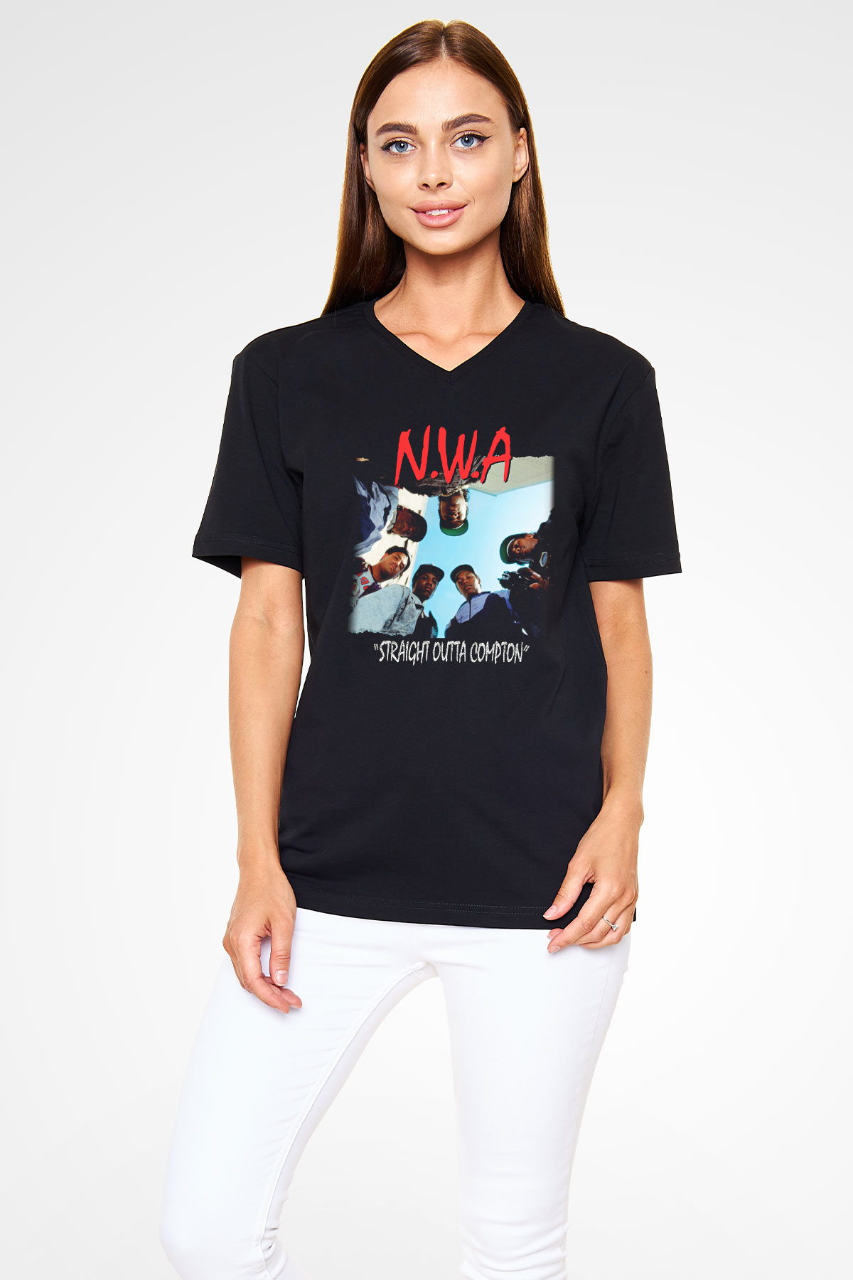 N.W.A Siyah Unisex V Yaka Tişört T-Shirt