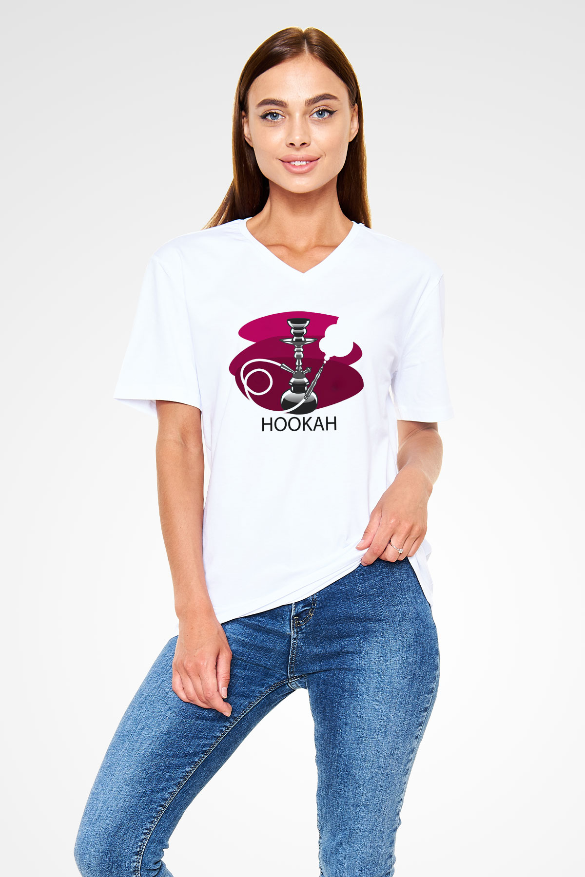 Nargile Beyaz Unisex V Yaka Tişört T-Shirt