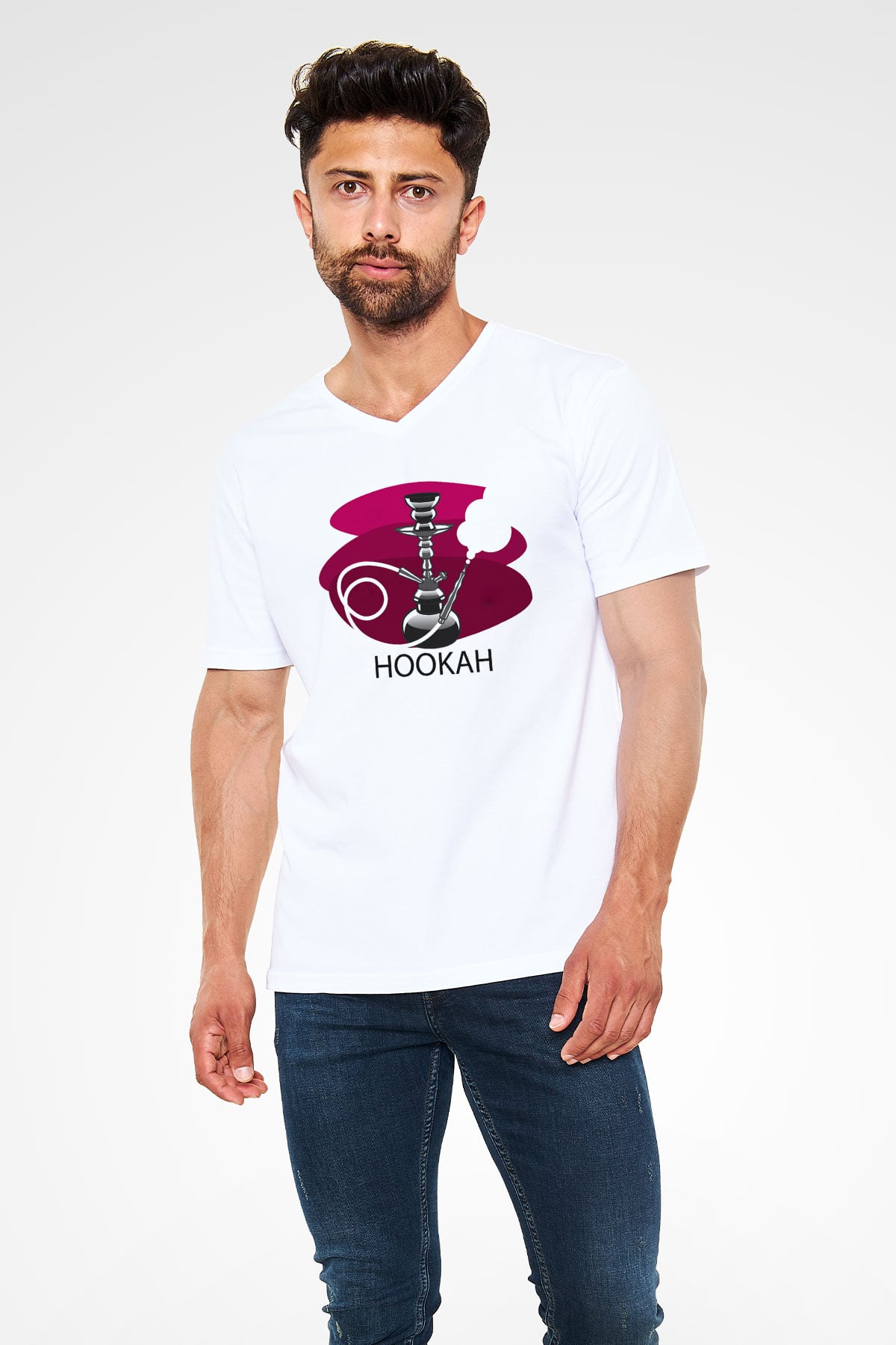 Nargile Beyaz Unisex V Yaka Tişört T-Shirt