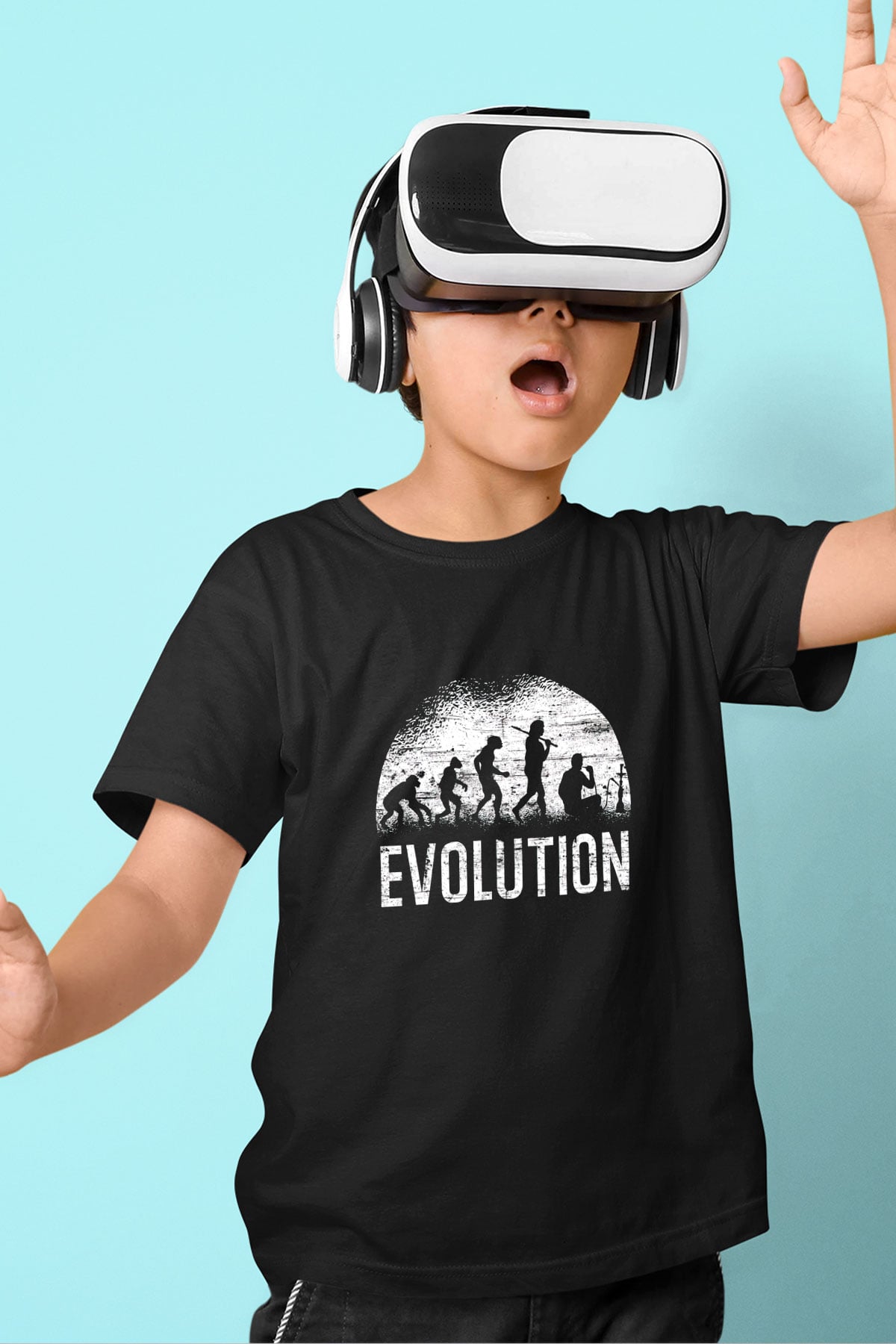 Nargile Evrimi Baskılı Unisex Siyah Çocuk Tişörtü - Tshirt