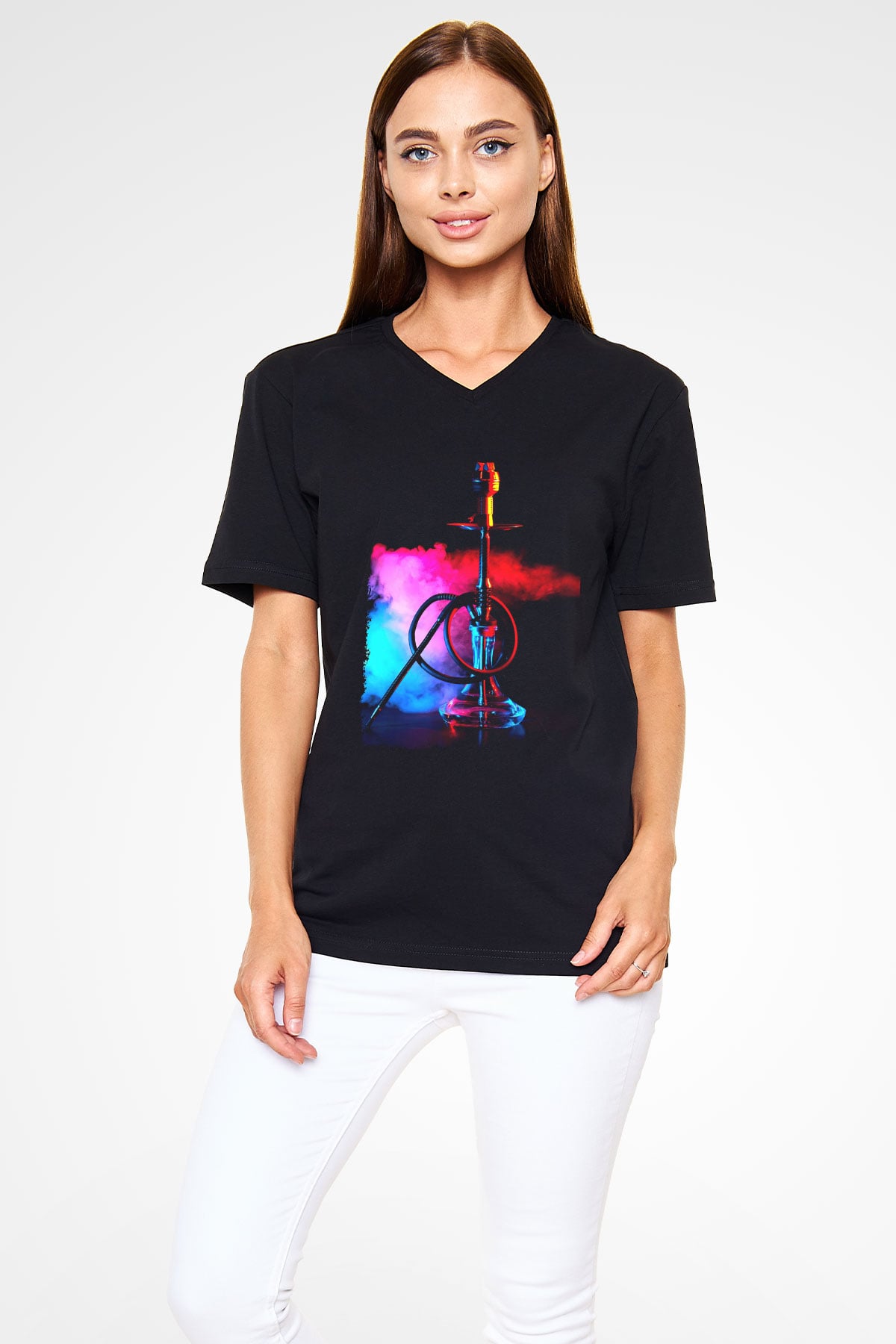 Nargile Siyah Unisex V Yaka Tişört
