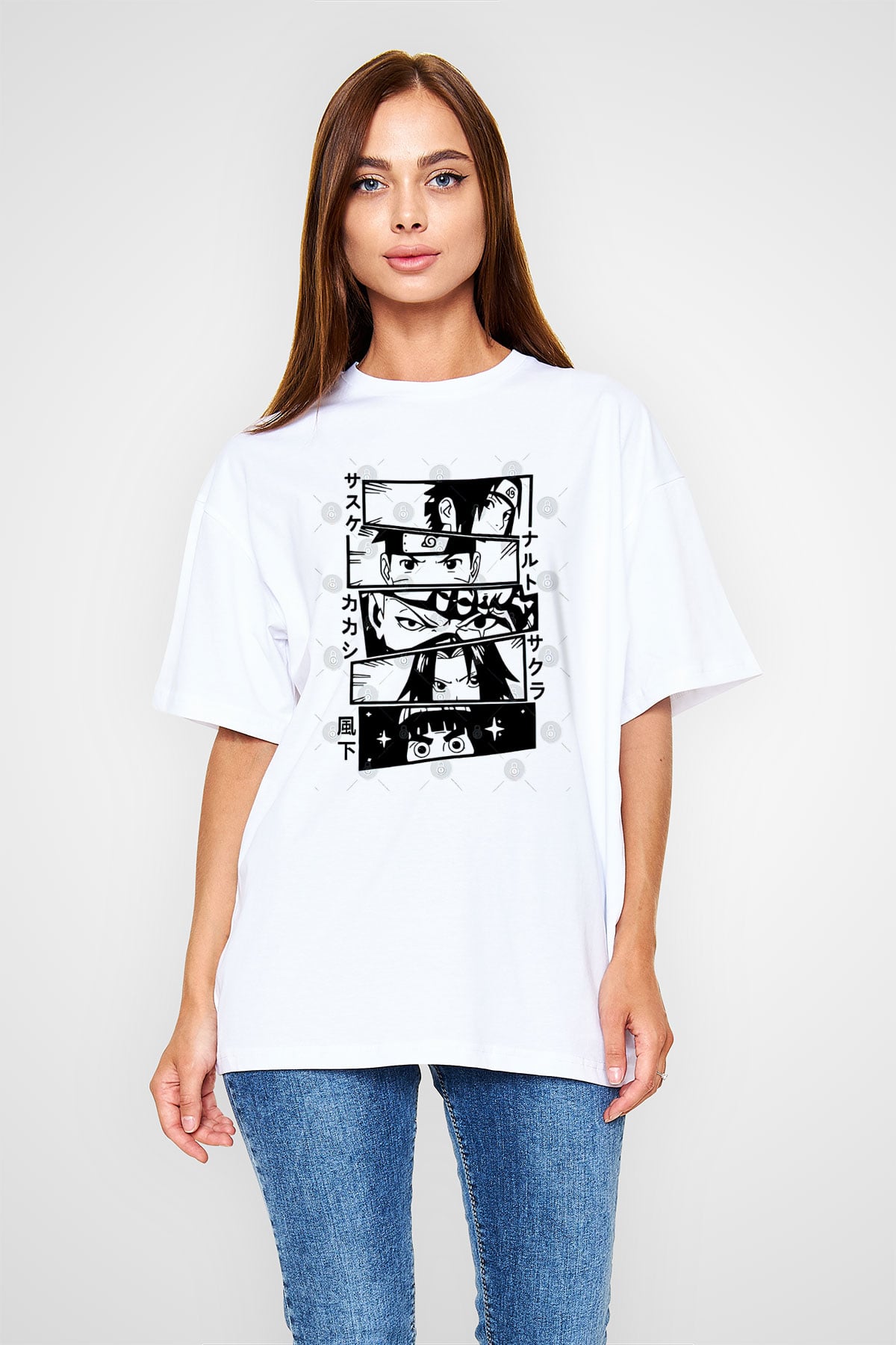 Naruto Baskılı Beyaz Unisex Oversize Tişört - Tshirt
