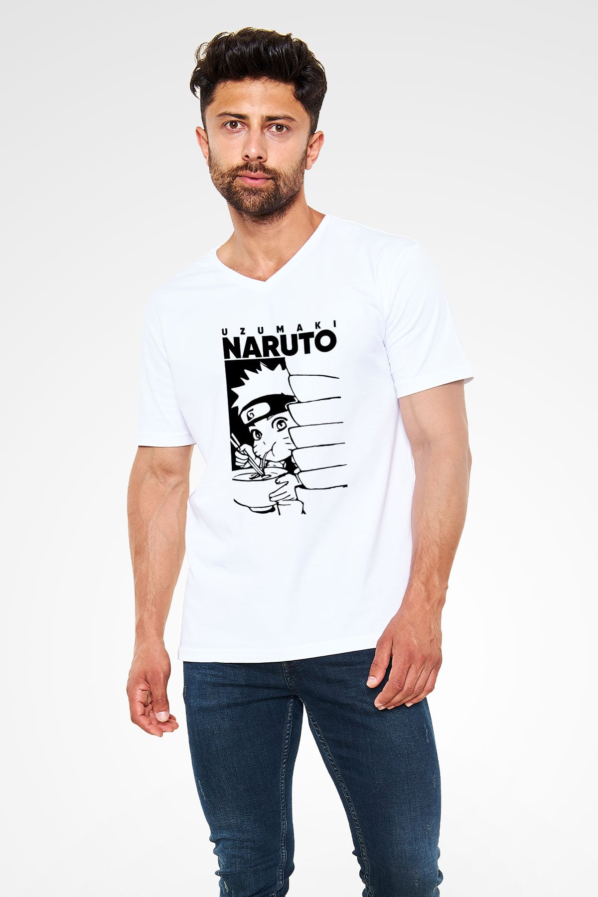 Naruto Baskılı Beyaz Unisex V Yaka Tişört - Tshirt