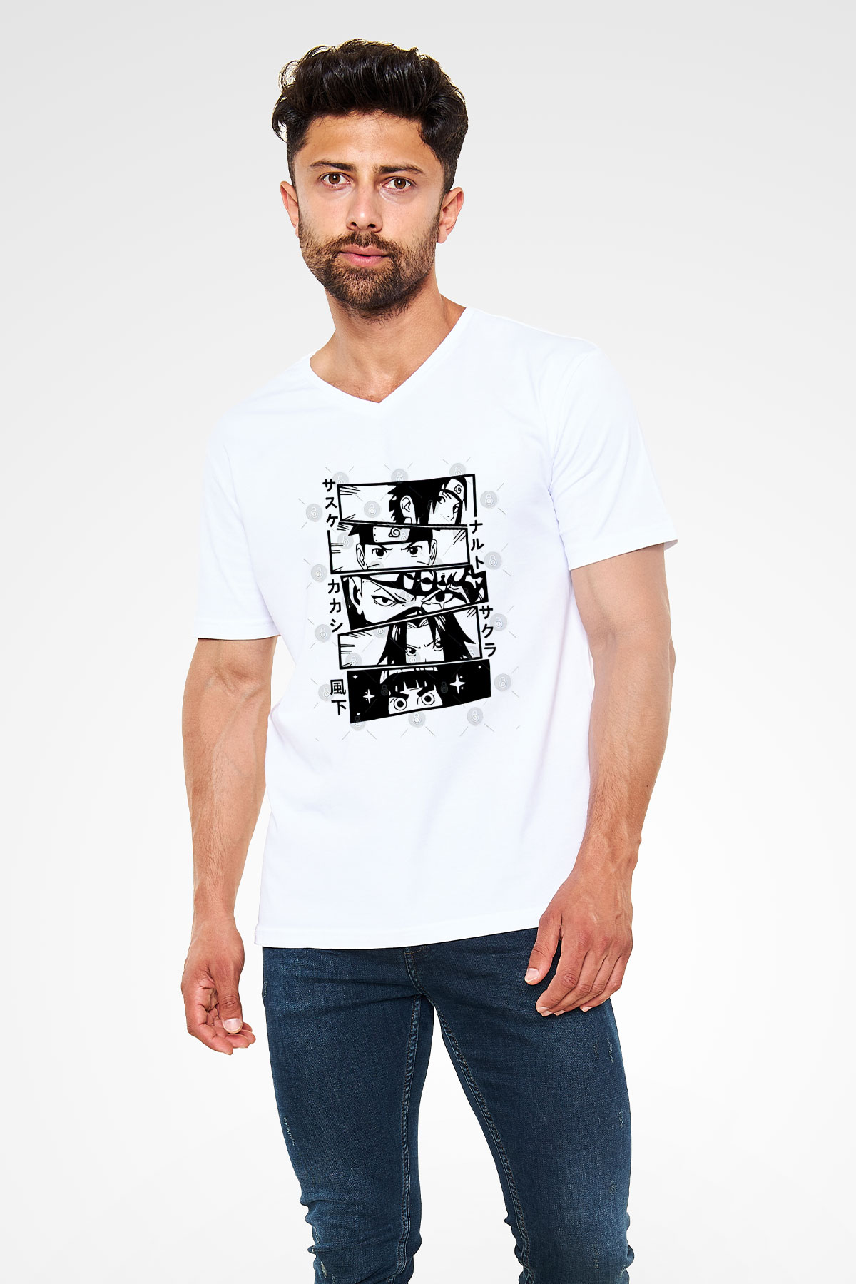 Naruto Baskılı Beyaz Unisex V Yaka Tişört - Tshirt