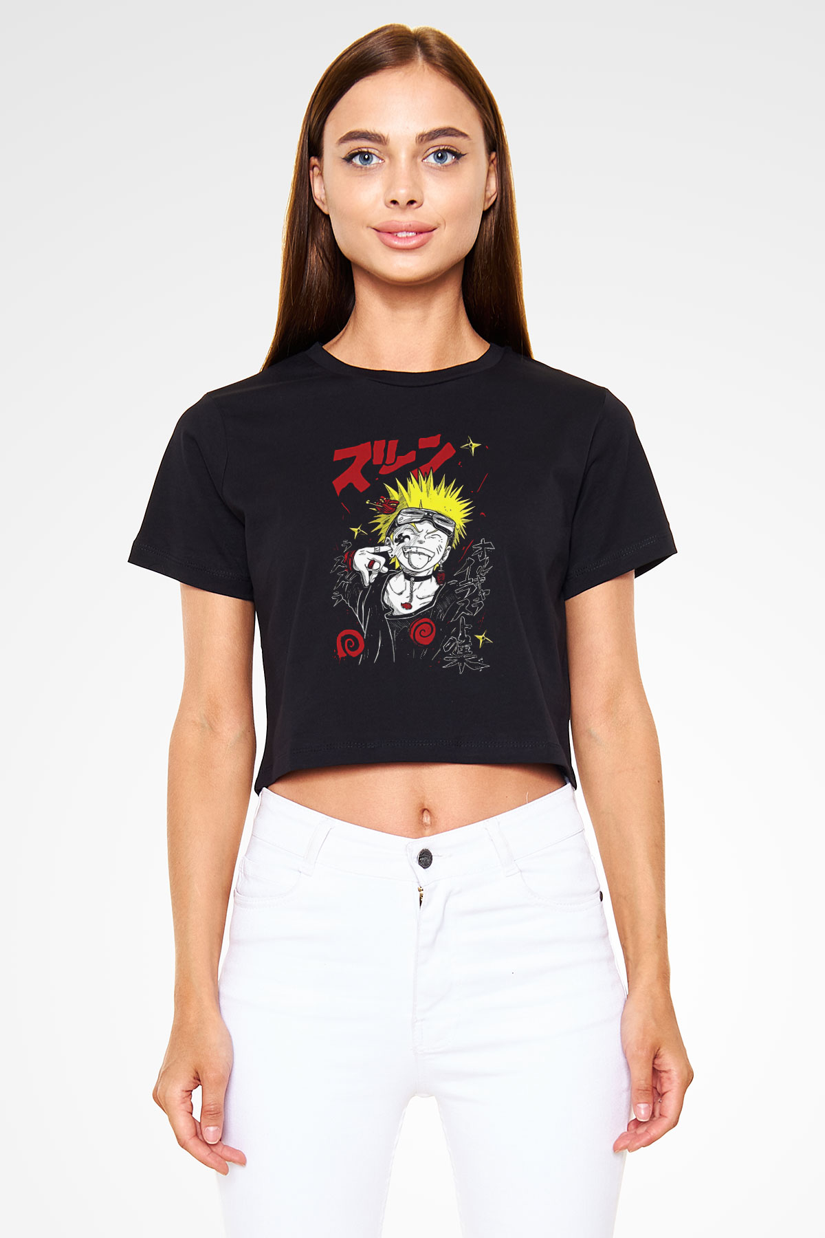 Naruto Baskılı Siyah Crop Top Kadın Tişört - Tshirt