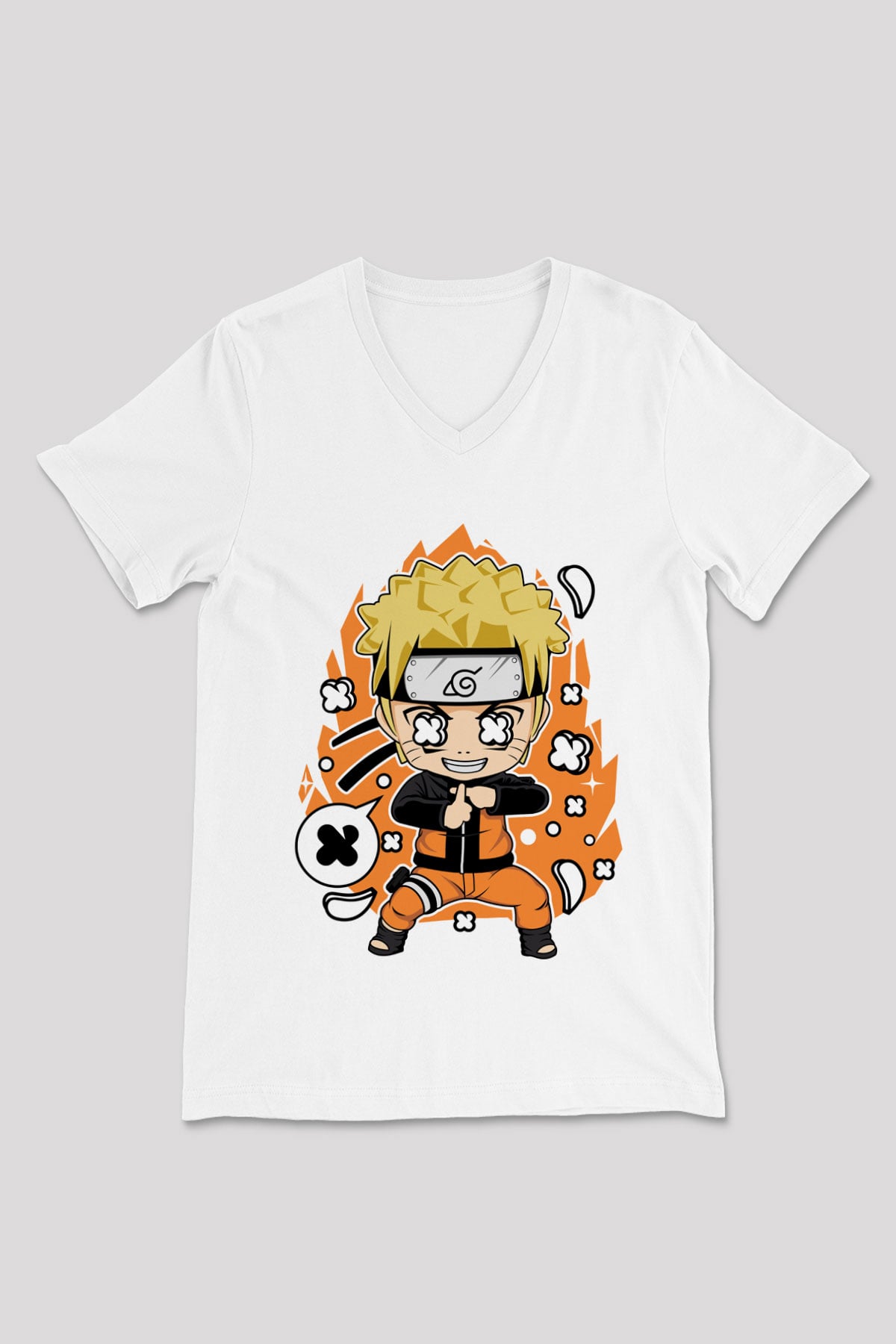 Naruto Baskılı Unisex Beyaz V Yaka Tişört
