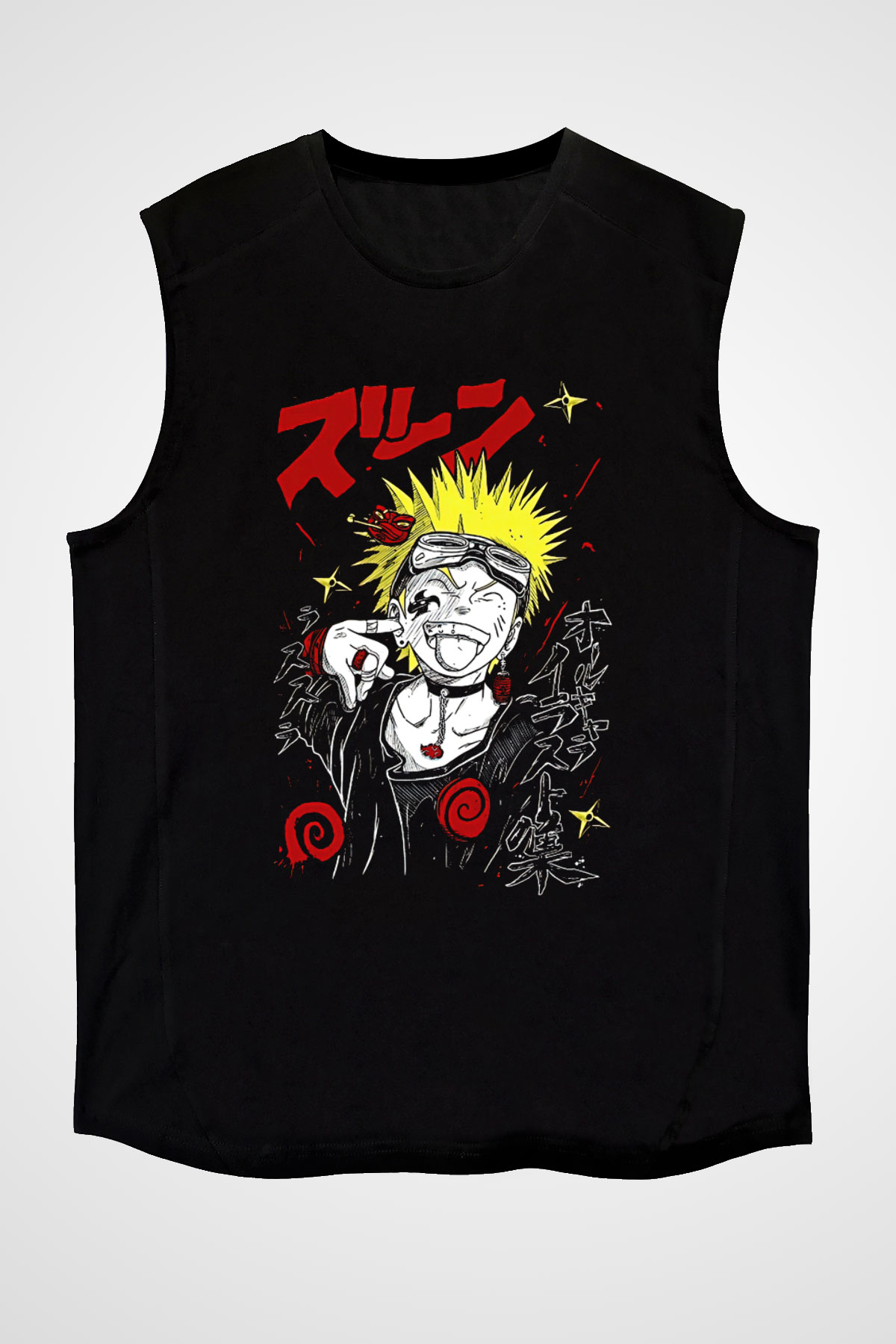 Naruto Baskılı Unisex Siyah Kolsuz Tişört - Tshirt