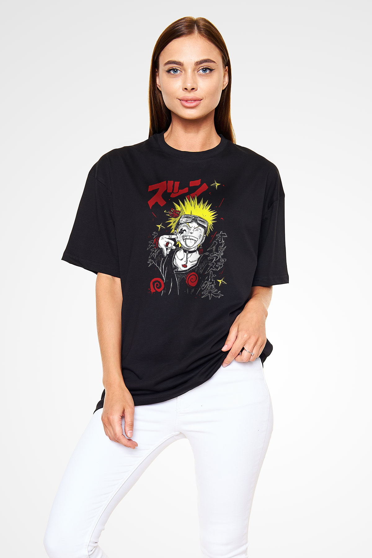 Naruto Baskılı Unisex Siyah Oversize Tişört - Tshirt