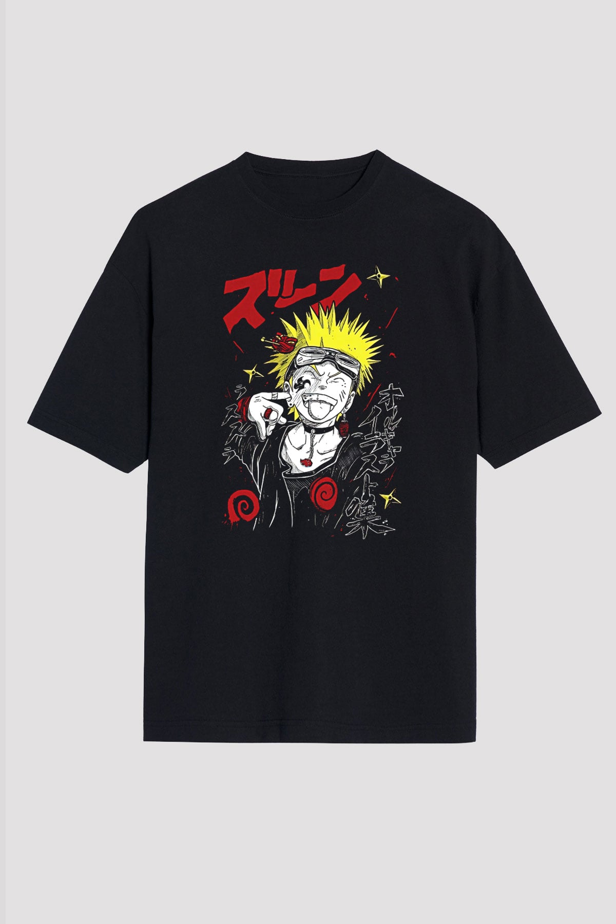 Naruto Baskılı Unisex Siyah Oversize Tişört - Tshirt