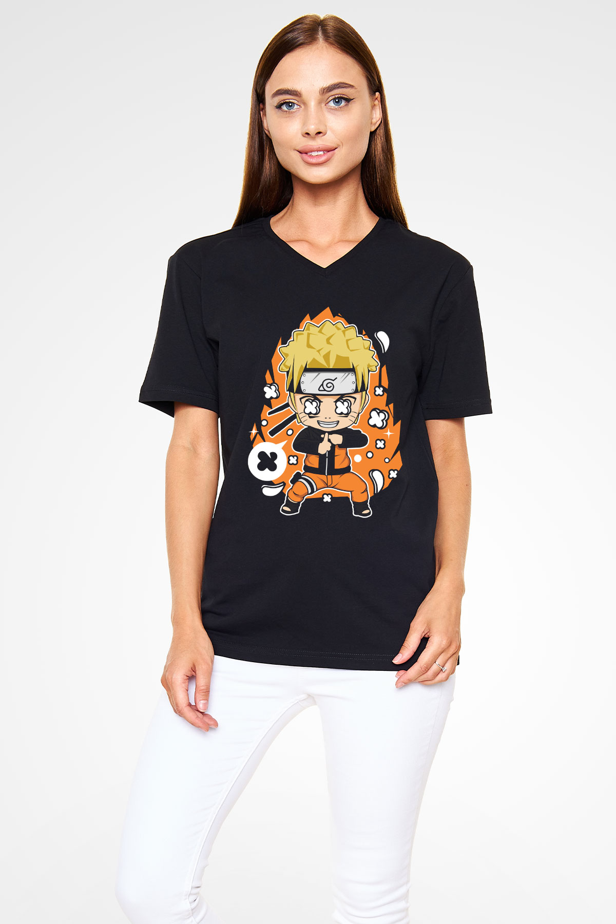 Naruto Baskılı Unisex Siyah V Yaka Tişört