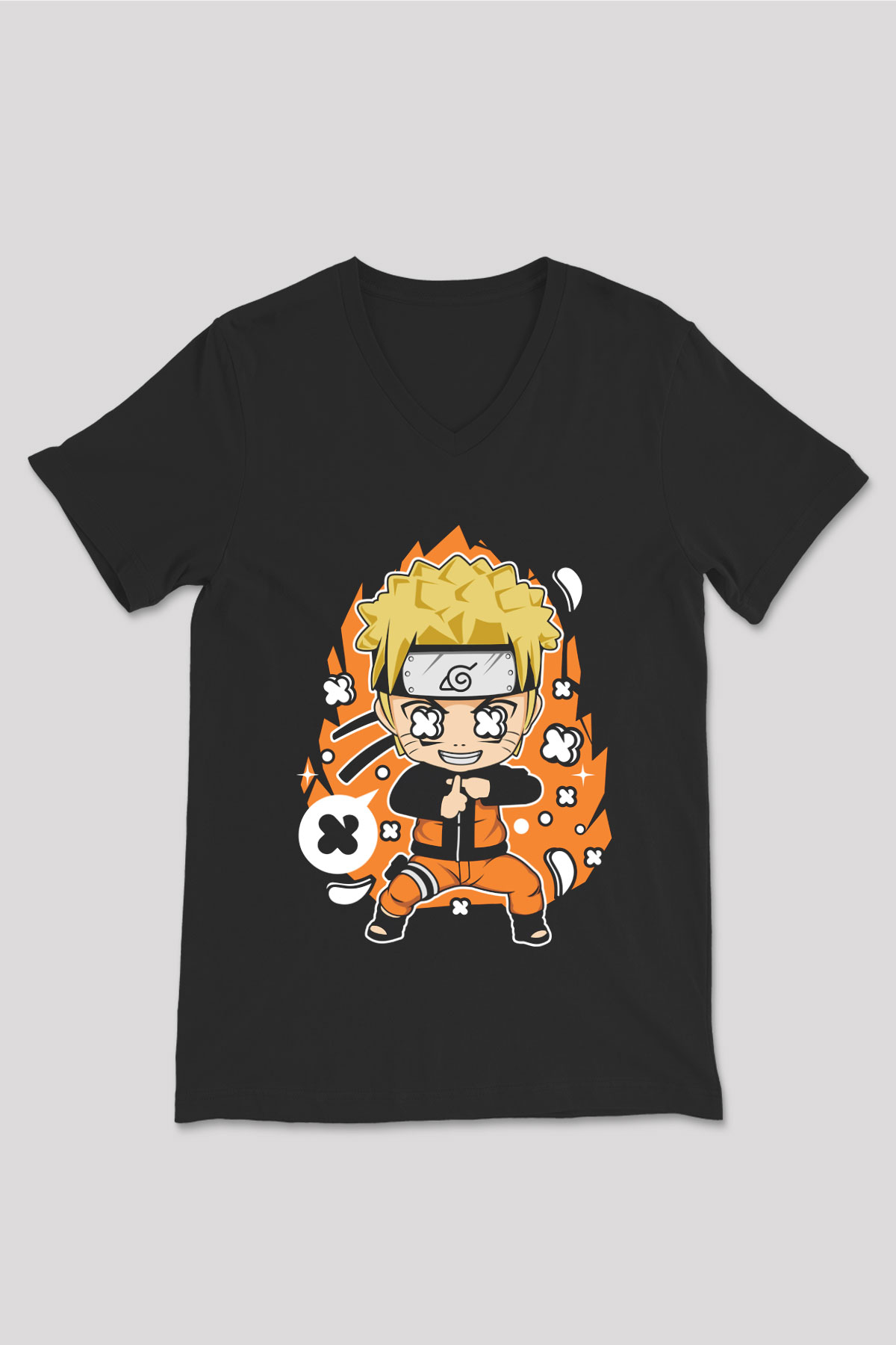 Naruto Baskılı Unisex Siyah V Yaka Tişört