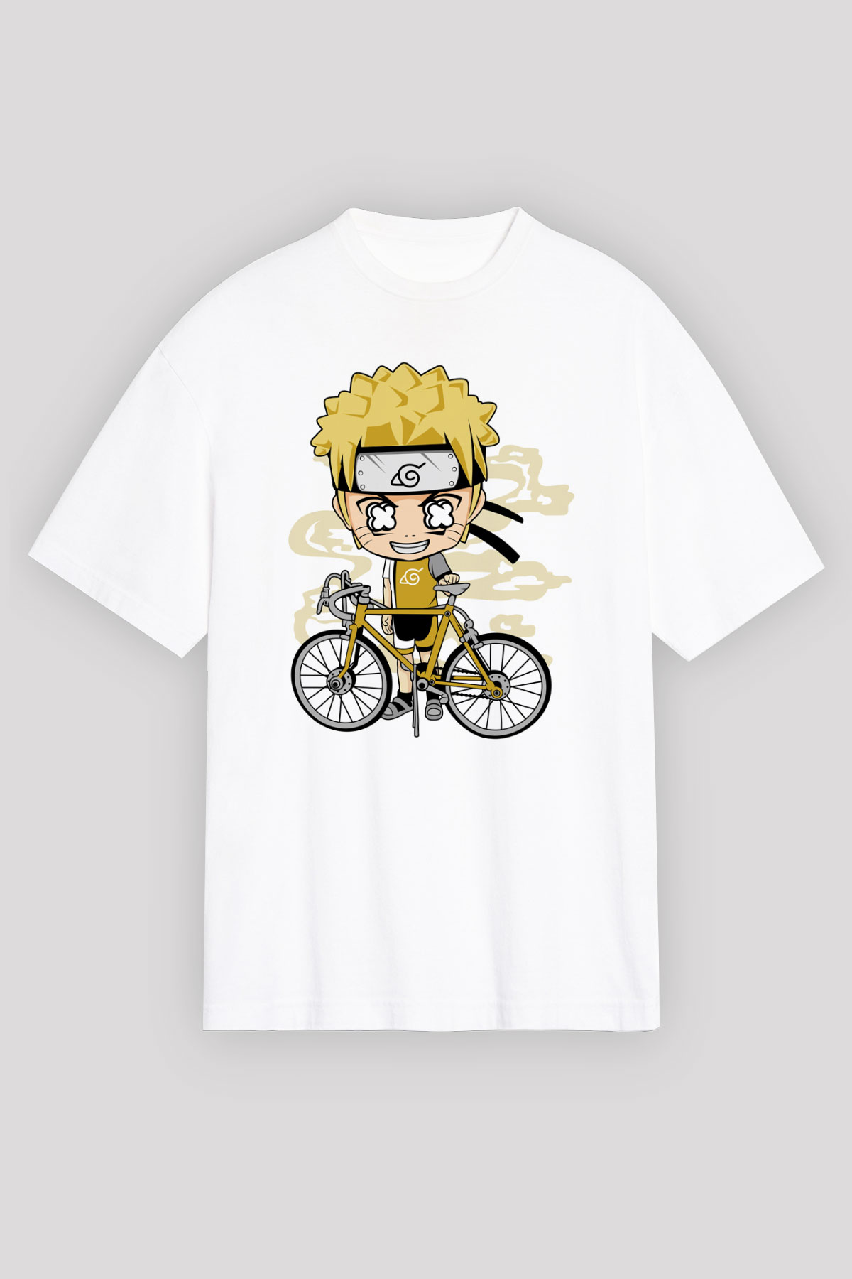 Naruto Bicycle Baskılı Beyaz Unisex Oversize Tişört
