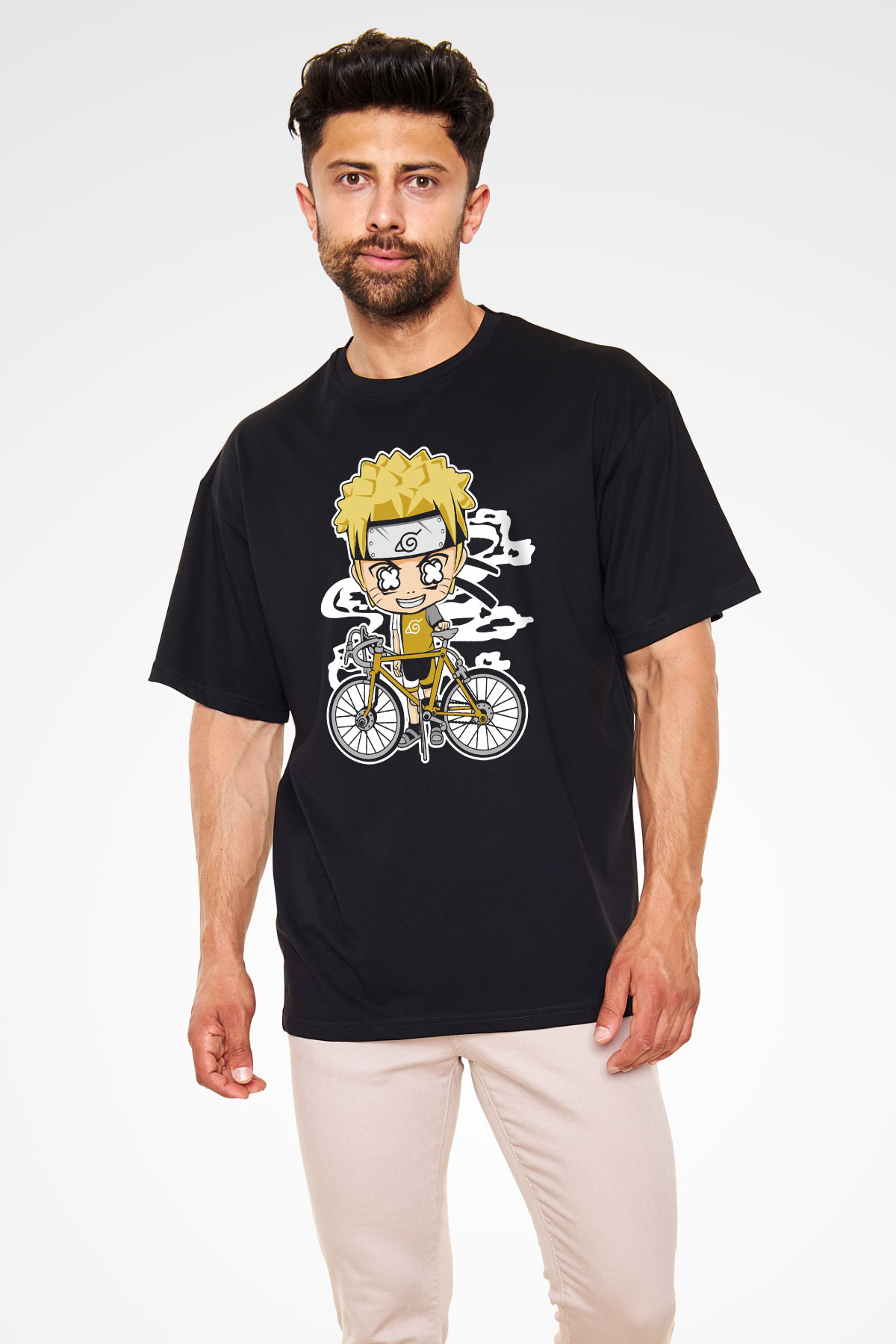 Naruto Bicycle Baskılı Siyah Unisex Oversize Tişört