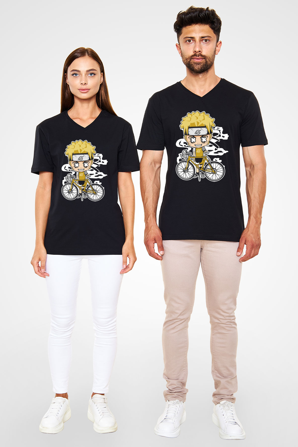 Naruto Bicycle Baskılı Siyah Unisex V Yaka Tişört