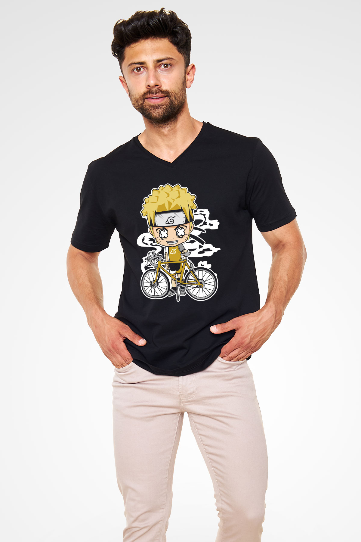 Naruto Bicycle Baskılı Siyah Unisex V Yaka Tişört