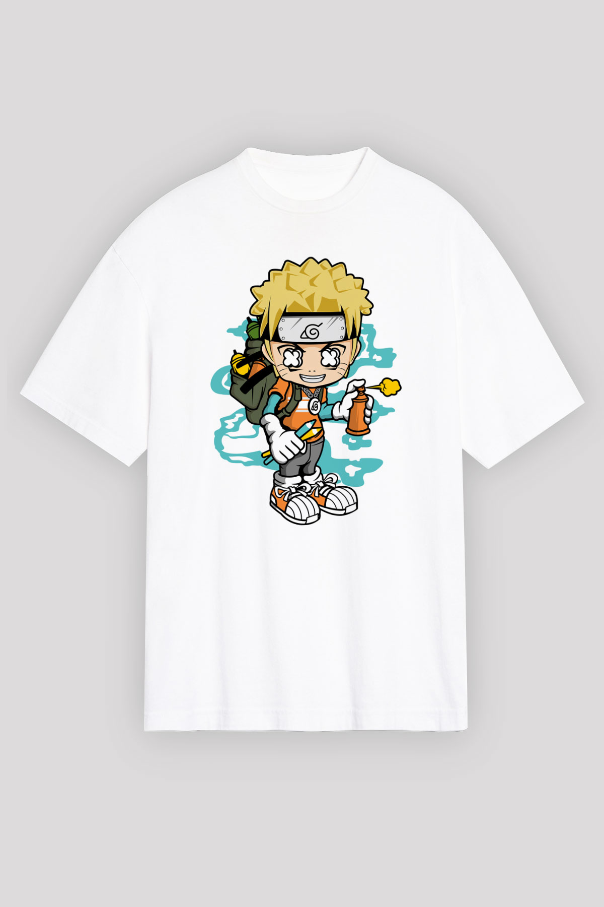 Naruto Bomber Baskılı Unisex Beyaz Oversize Tişört
