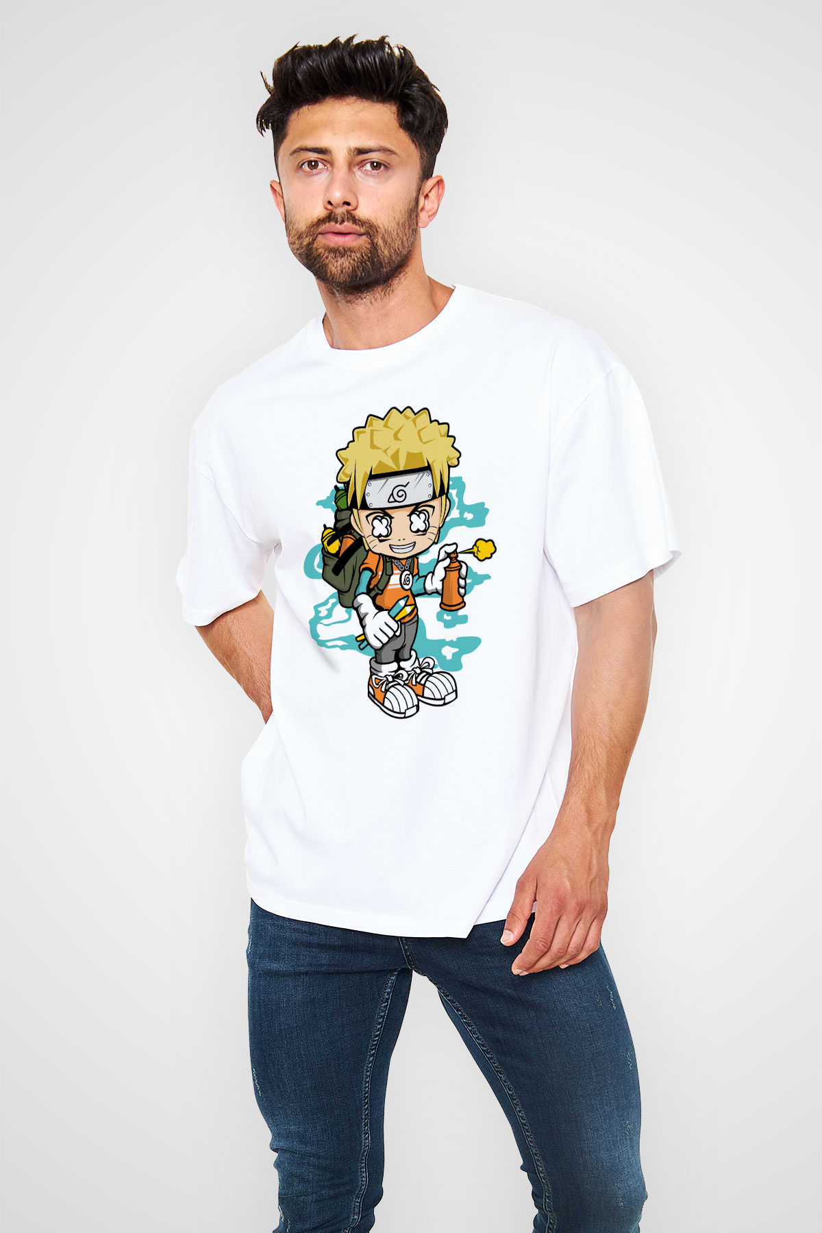 Naruto Bomber Baskılı Unisex Beyaz Oversize Tişört