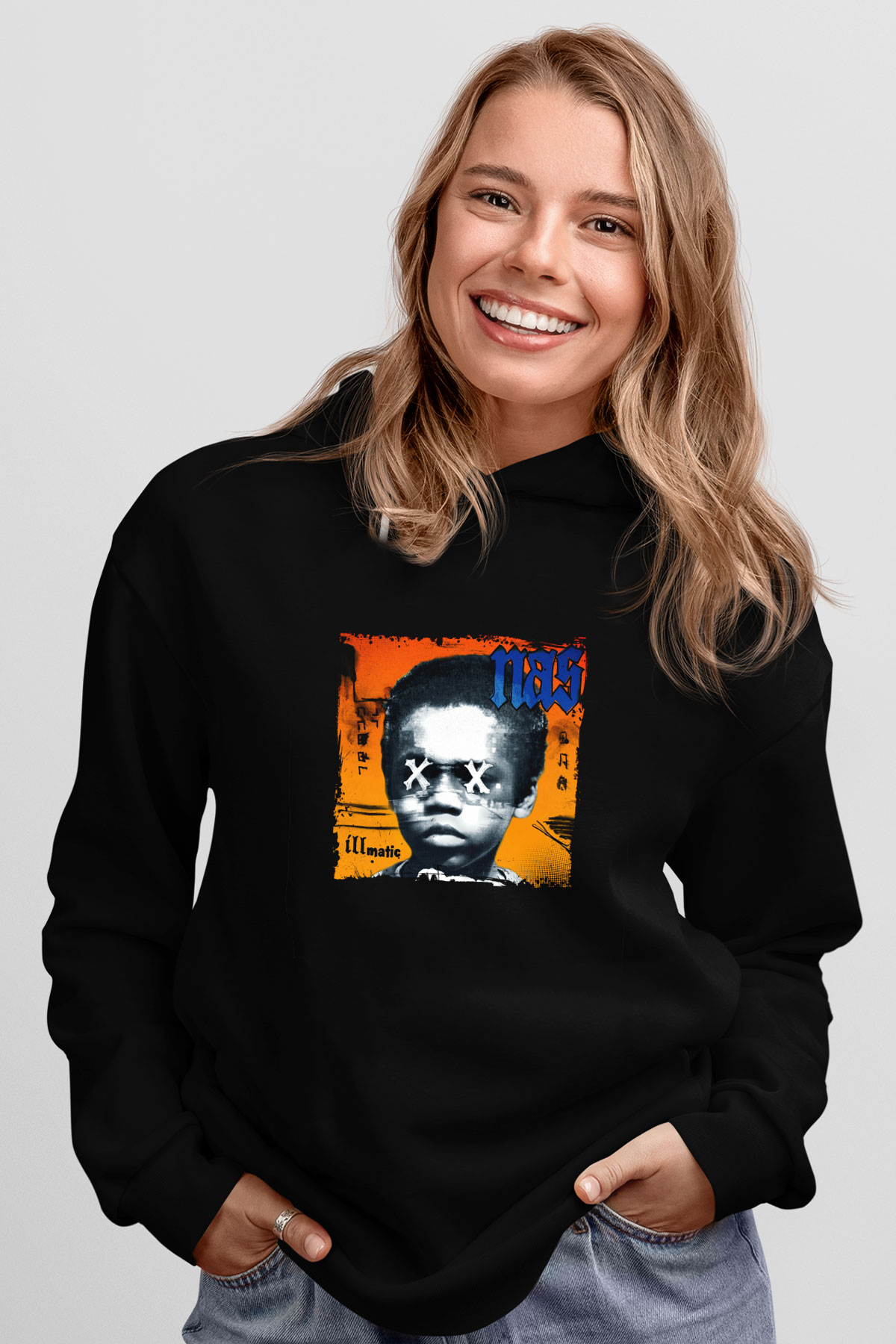 Nas Baskılı Unisex Siyah Hoodie