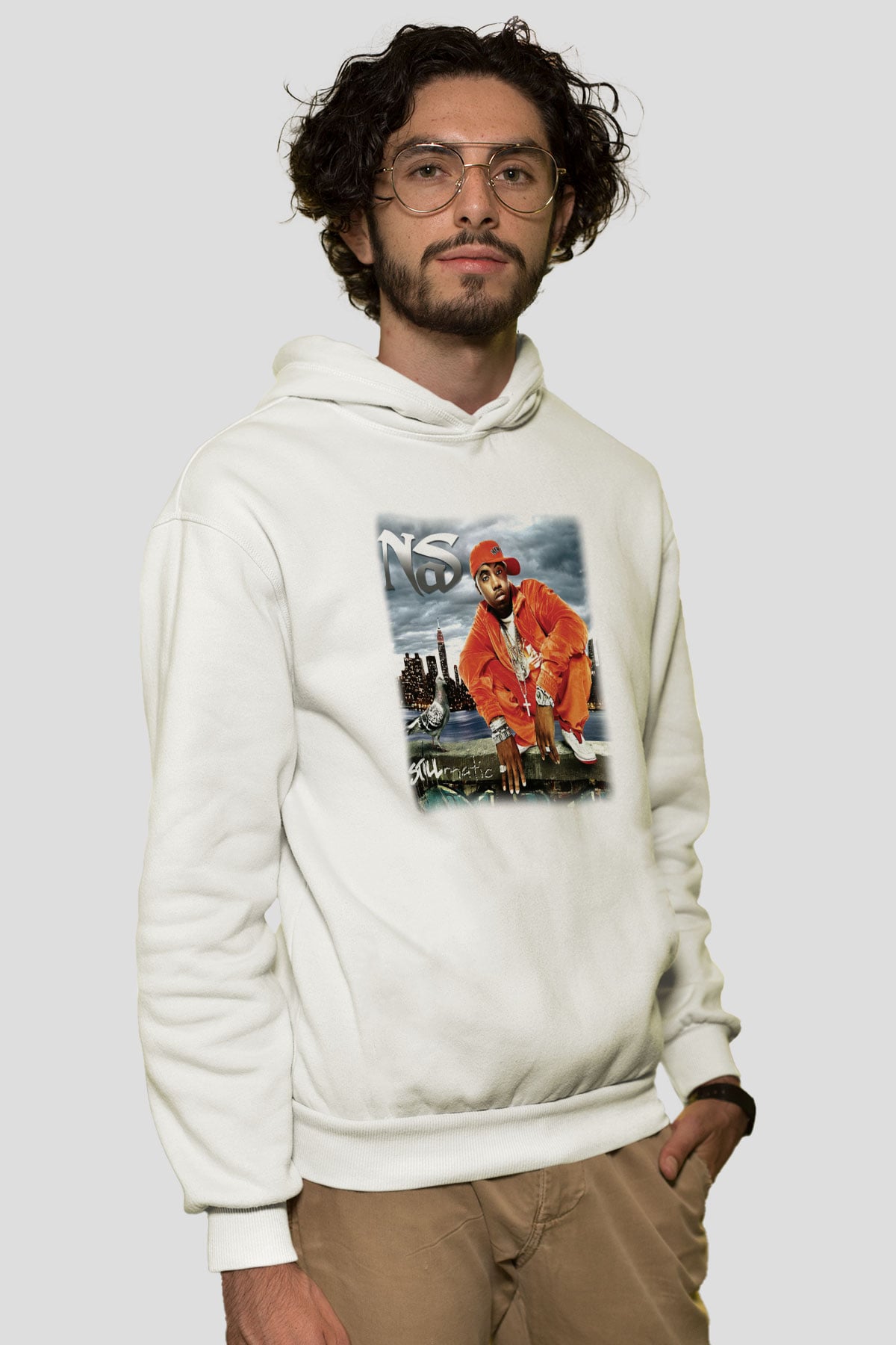 Nas Beyaz Unisex Kapşonlu Sweatshirt