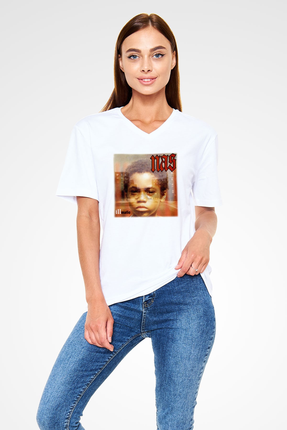 Nas Beyaz Unisex V Yaka Tişört T-Shirt