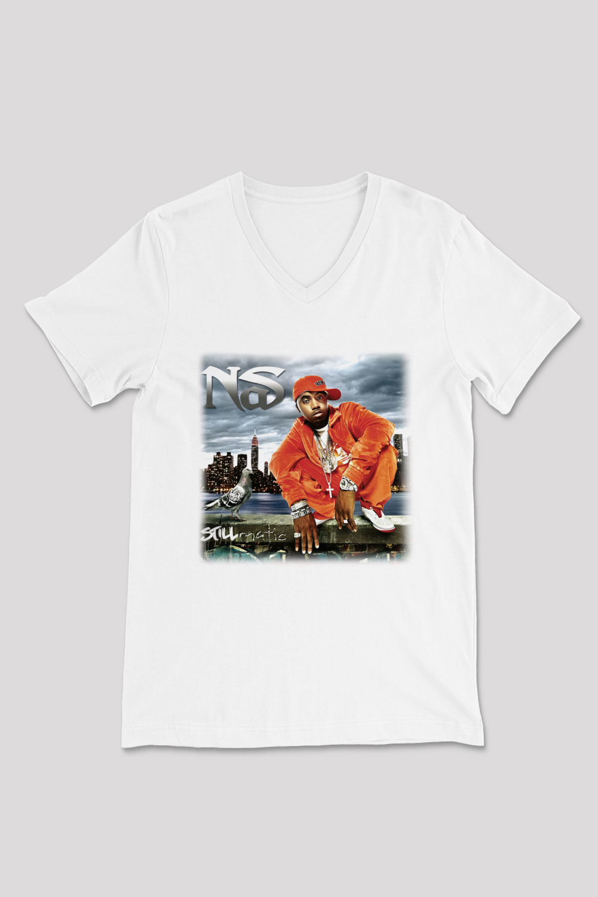 Nas Beyaz Unisex V Yaka Tişört T-Shirt
