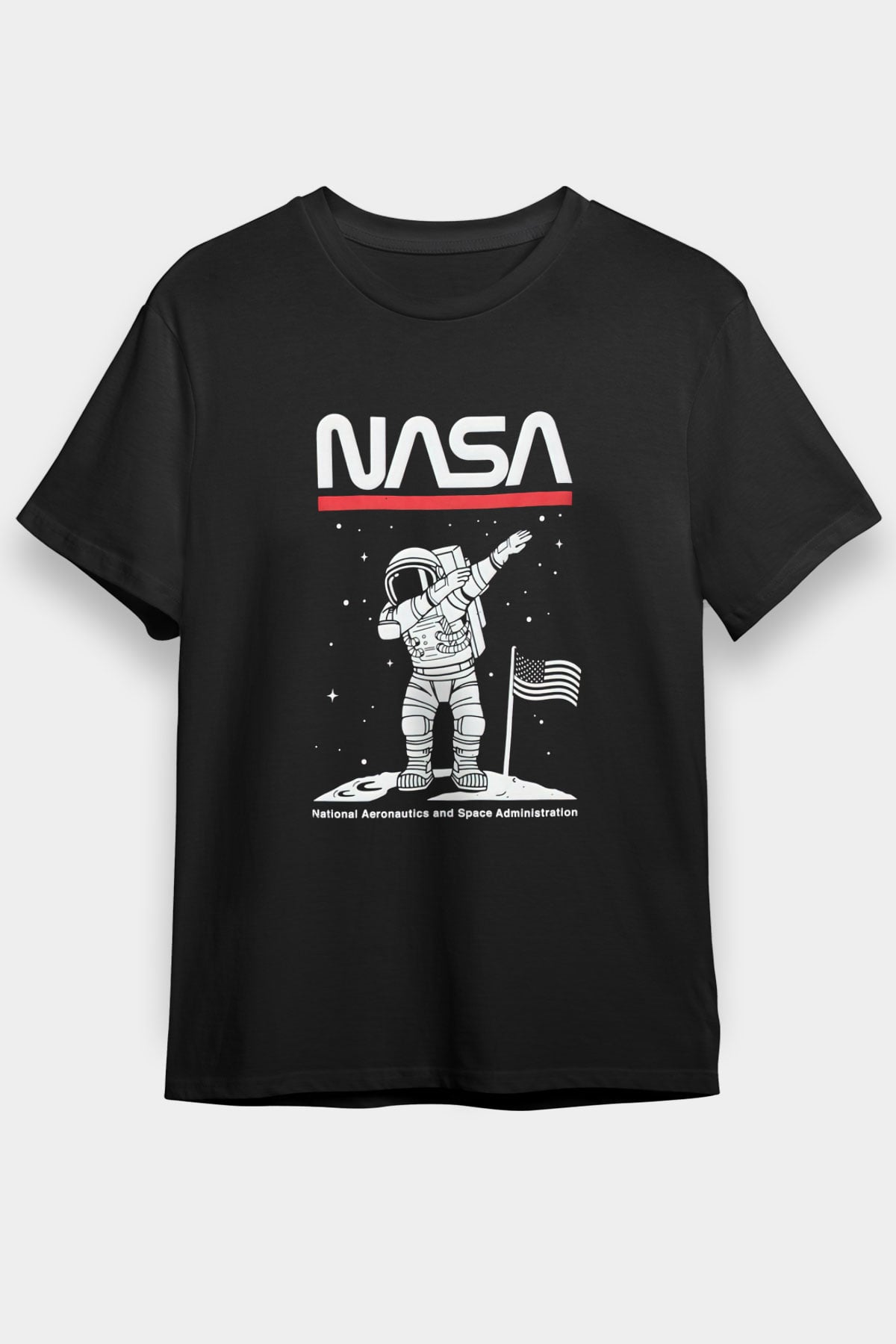 Nasa Asntonot Aya Ayak Basma Baskılı Unisex Siyah Tişört