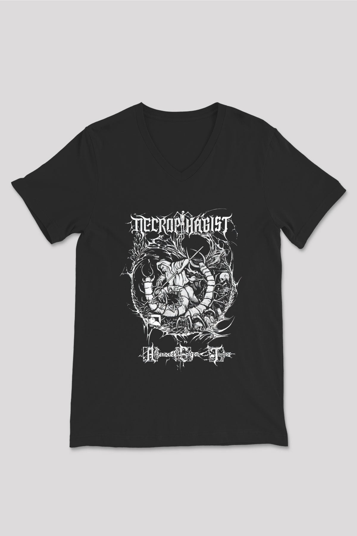 Necrophagist Baskılı Unisex Siyah V Yaka Tişört - Tshirt